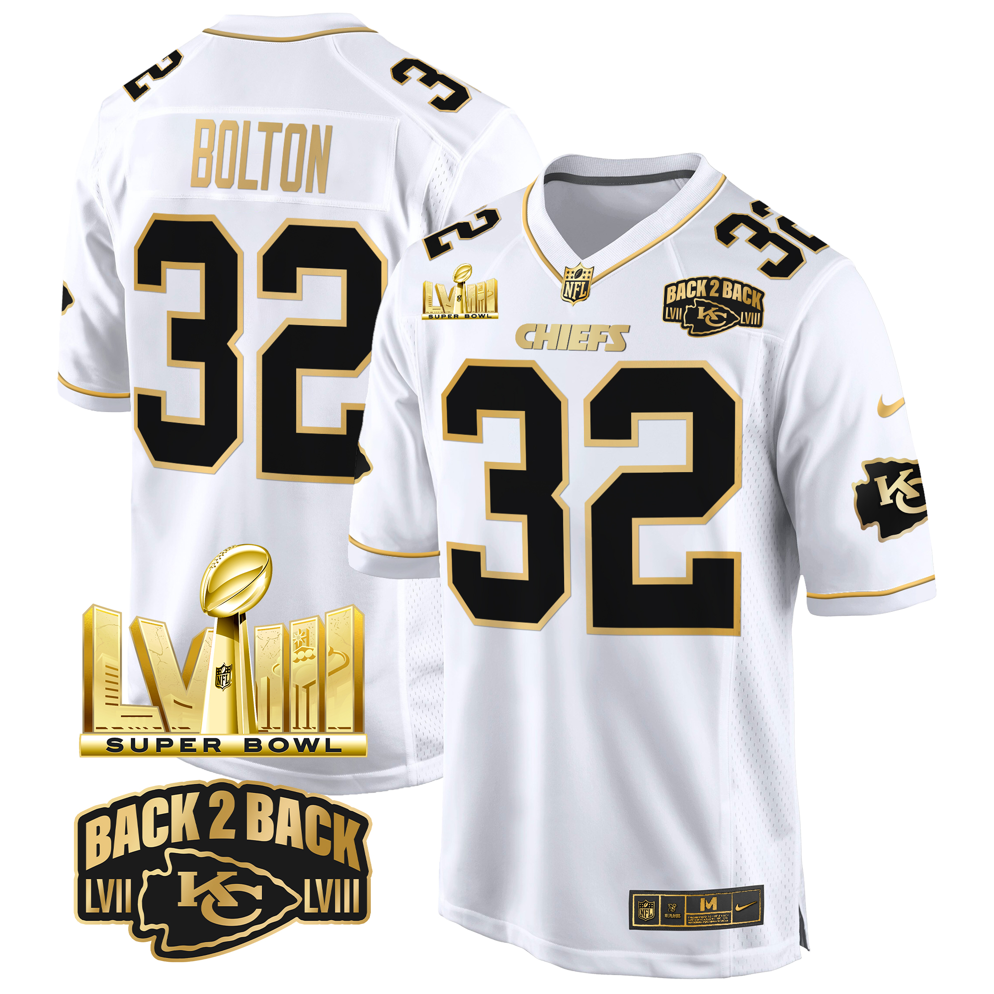 Nick Bolton Men's Kansas City Chiefs Super Bowl LVIII & Back 2 Back Gold Game White Gold Jersey - All Stitched