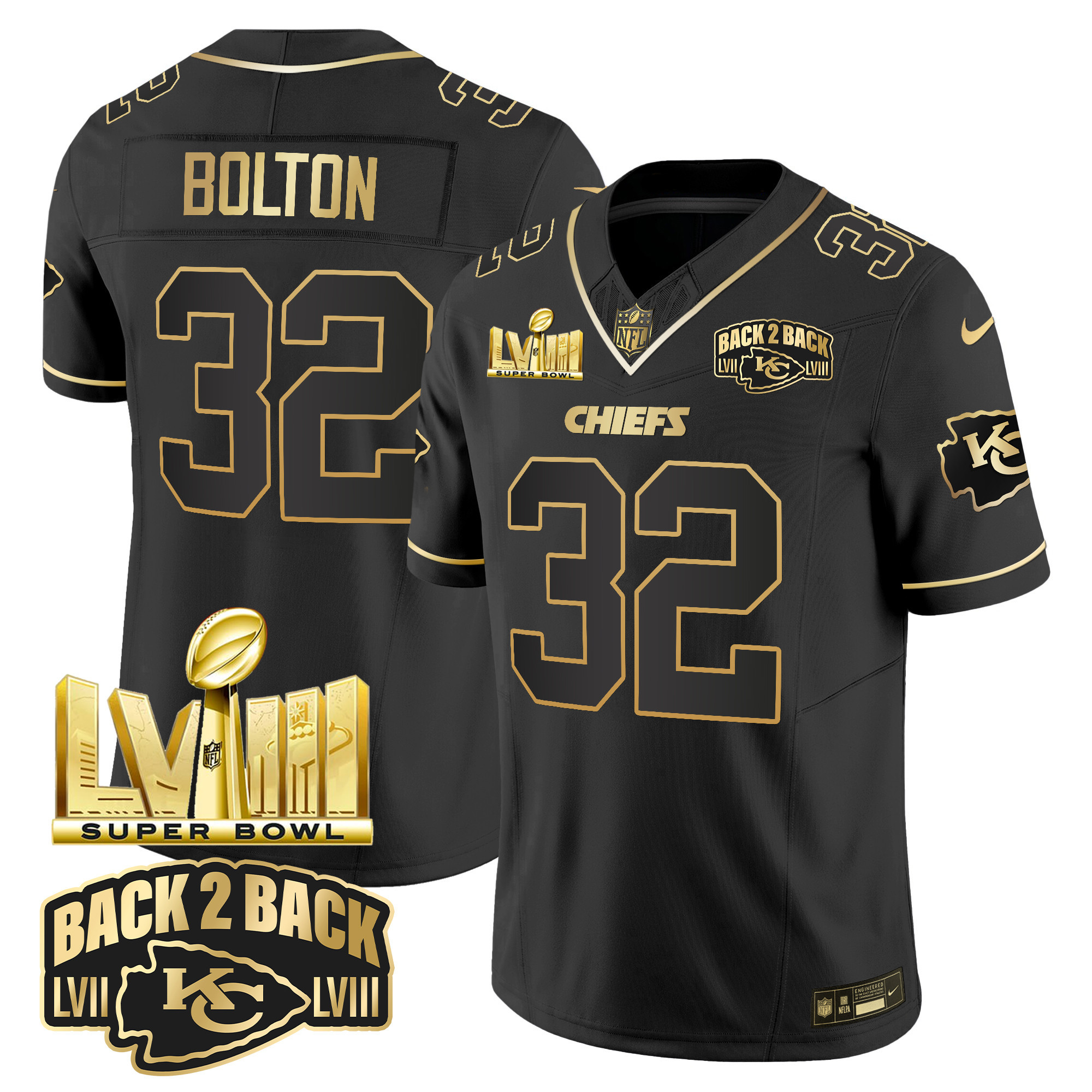 Nick Bolton Men's Kansas City Chiefs Super Bowl LVIII & Back 2 Back Gold Patch Vapor Black Gold Jersey - All Stitched