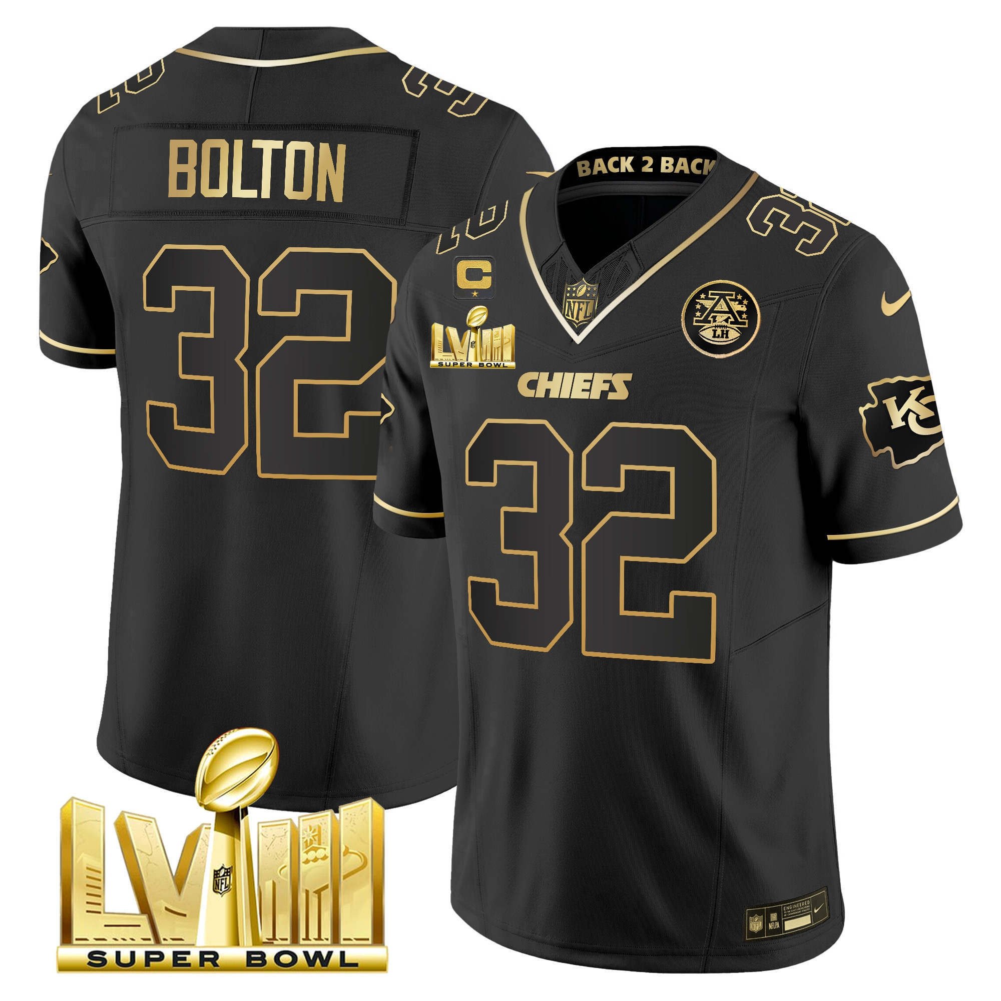 Nick Bolton Men's Kansas City Chiefs Super Bowl LVIII & Back 2 Back Gold Patch Vapor Black Gold Jersey - All Stitched