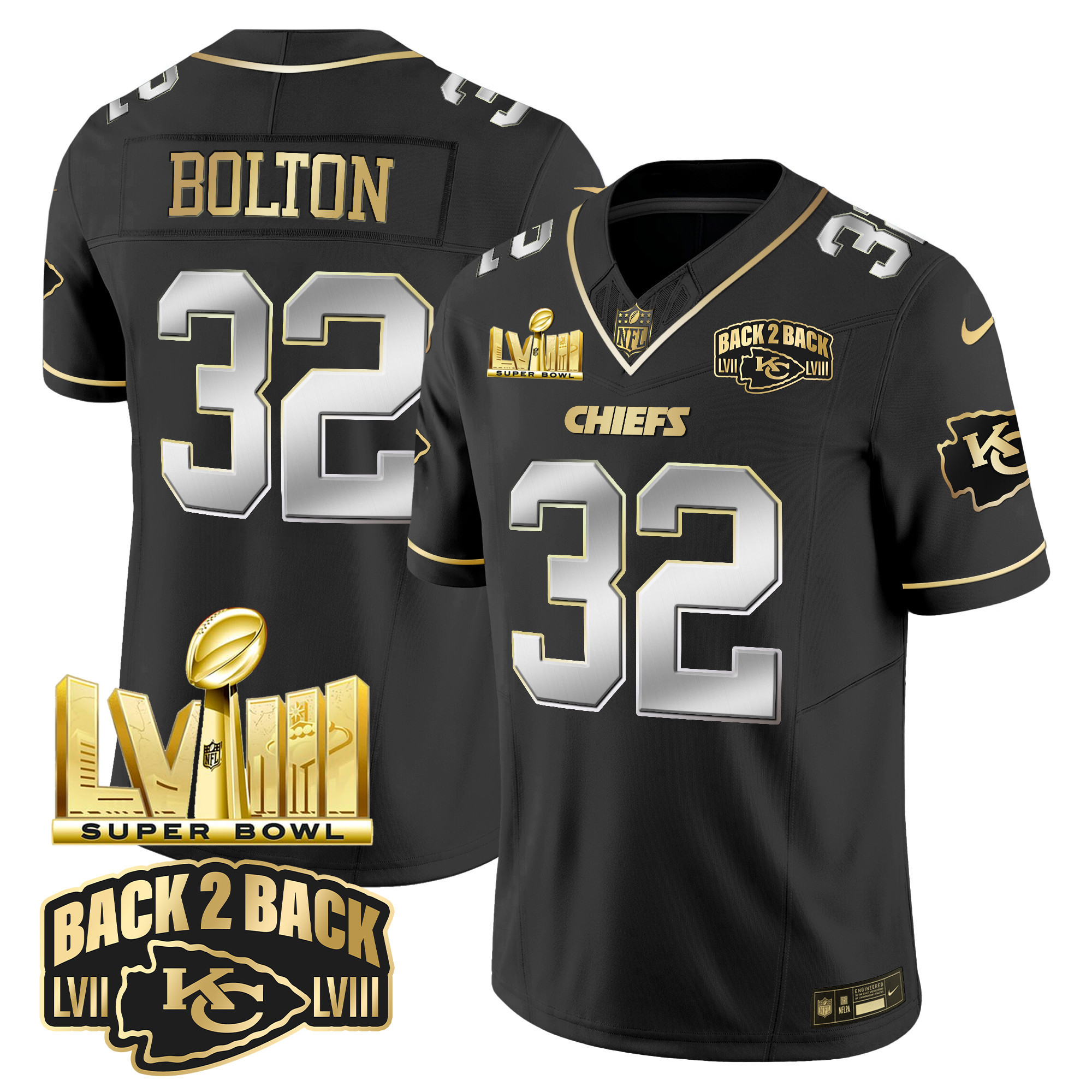 Nick Bolton Men's Kansas City Chiefs Super Bowl LVIII & Back 2 Back Gold Patch Vapor Black Limited Jersey - All Stitched