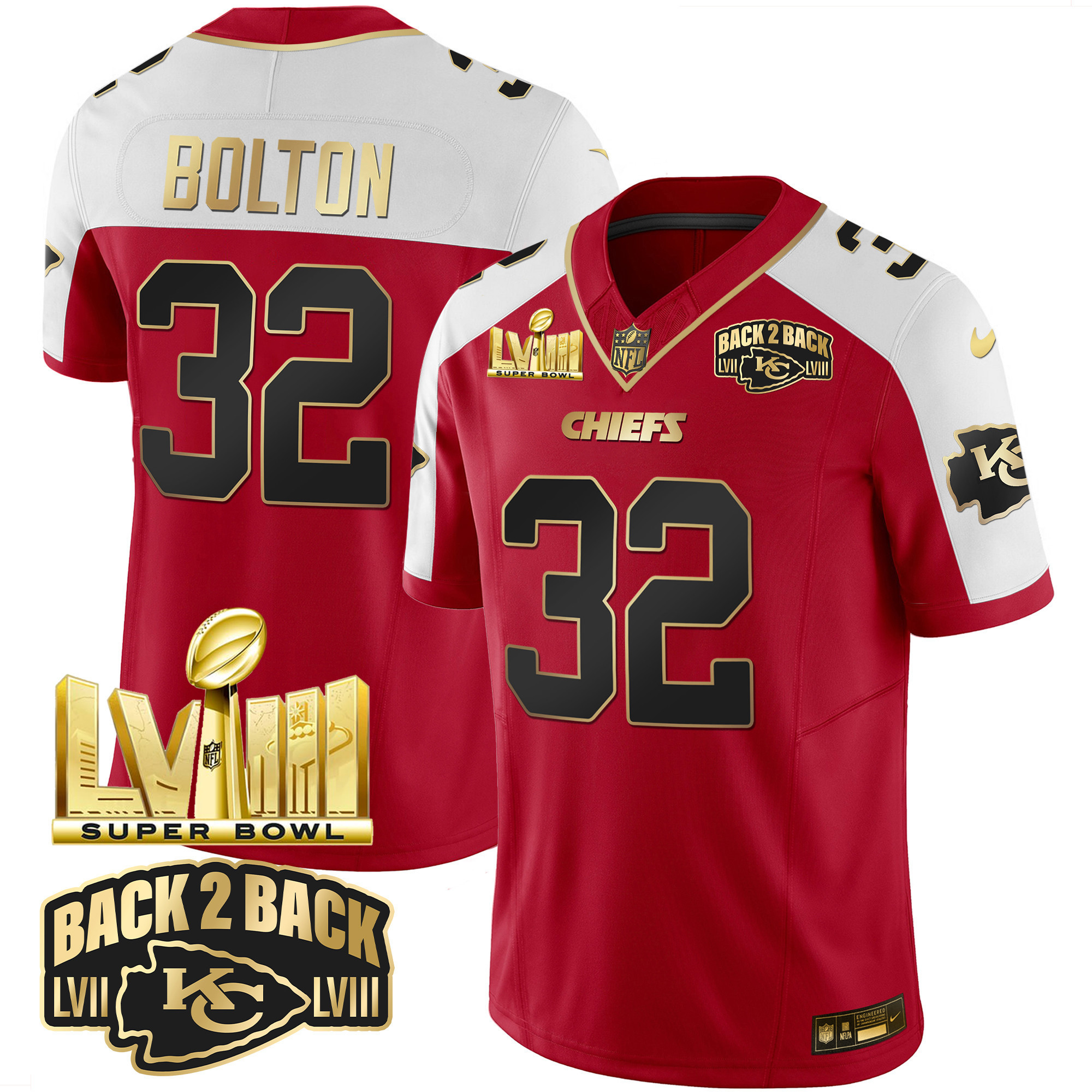 Nick Bolton Men's Kansas City Chiefs Super Bowl LVIII & Back 2 Back Gold Patch Vapor Red Alternate Jersey - All Stitched