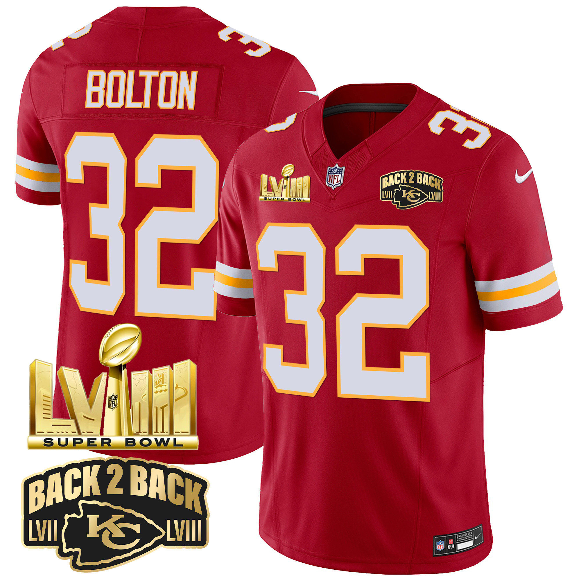 Nick Bolton Men's Kansas City Chiefs Super Bowl LVIII & Back 2 Back Gold Patch Vapor Red Jersey - All Stitched