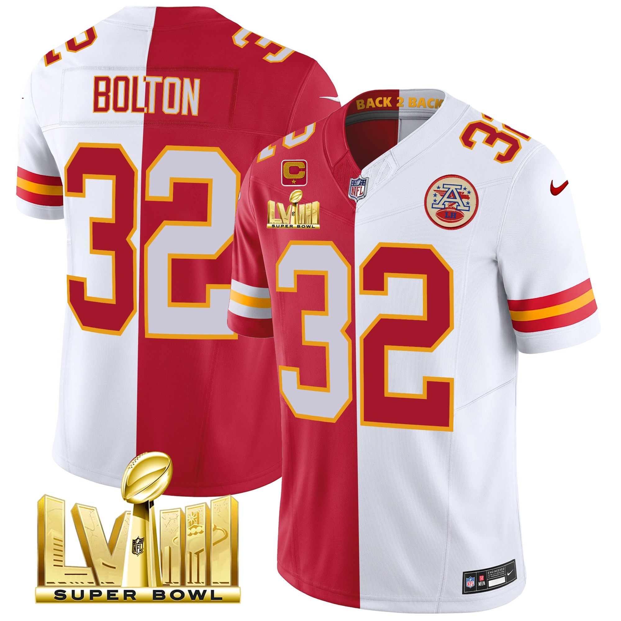Nick Bolton Men's Kansas City Chiefs Super Bowl LVIII & Back 2 Back Gold Patch Vapor Split Jersey - All Stitched