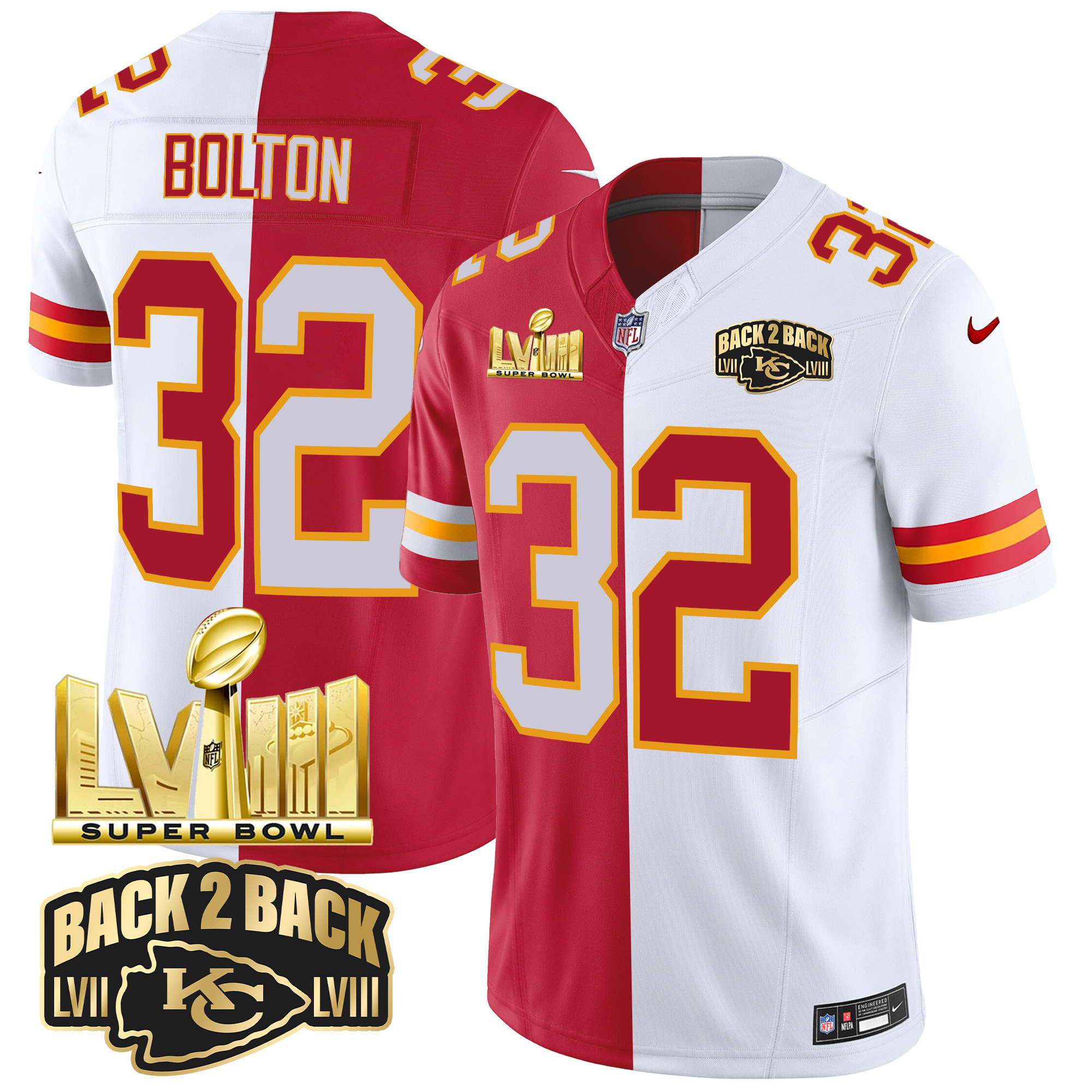 Nick Bolton Men's Kansas City Chiefs Super Bowl LVIII & Back 2 Back Gold Patch Vapor Split Jersey - All Stitched