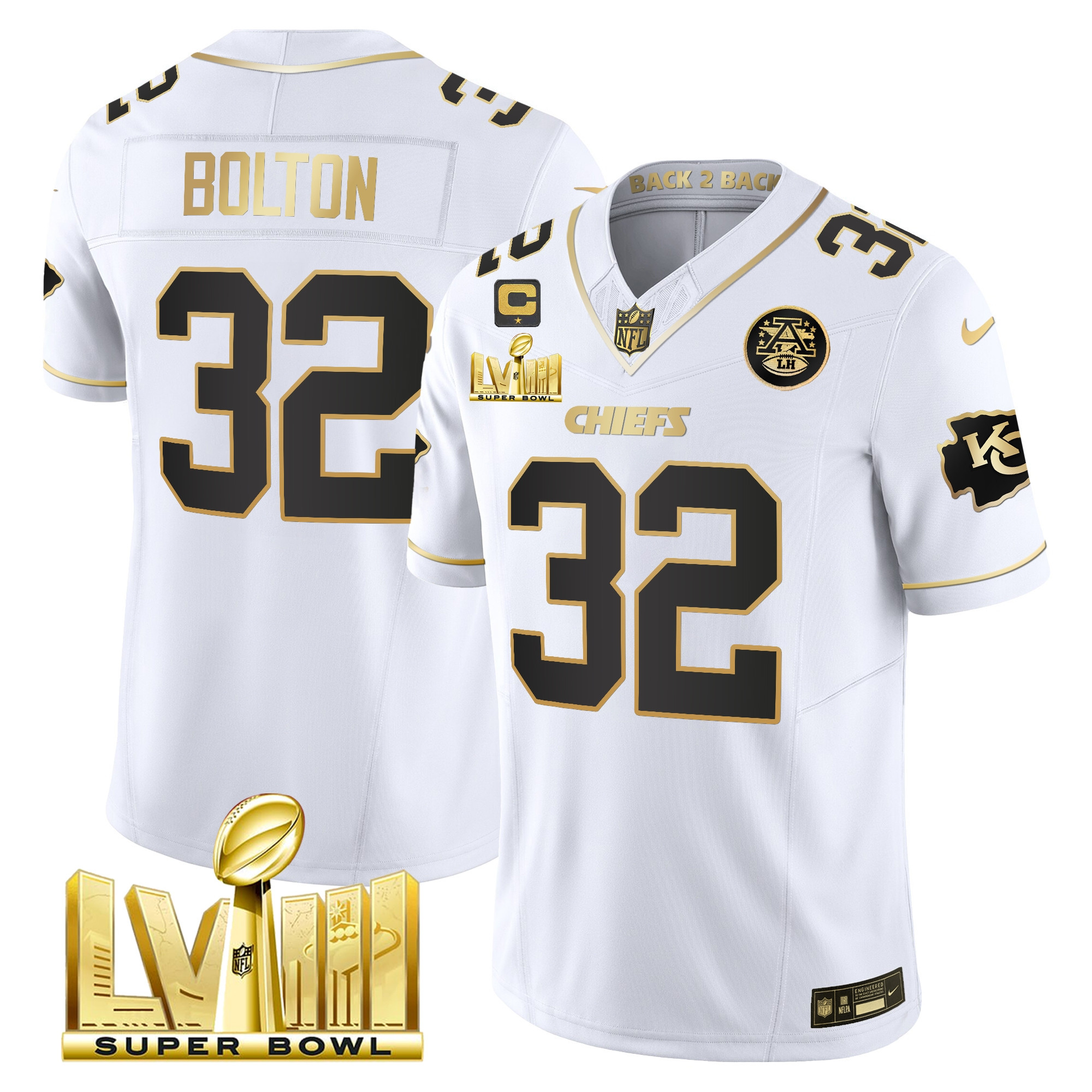 Nick Bolton Men's Kansas City Chiefs Super Bowl LVIII & Back 2 Back Gold Patch Vapor White Gold Jersey - All Stitched
