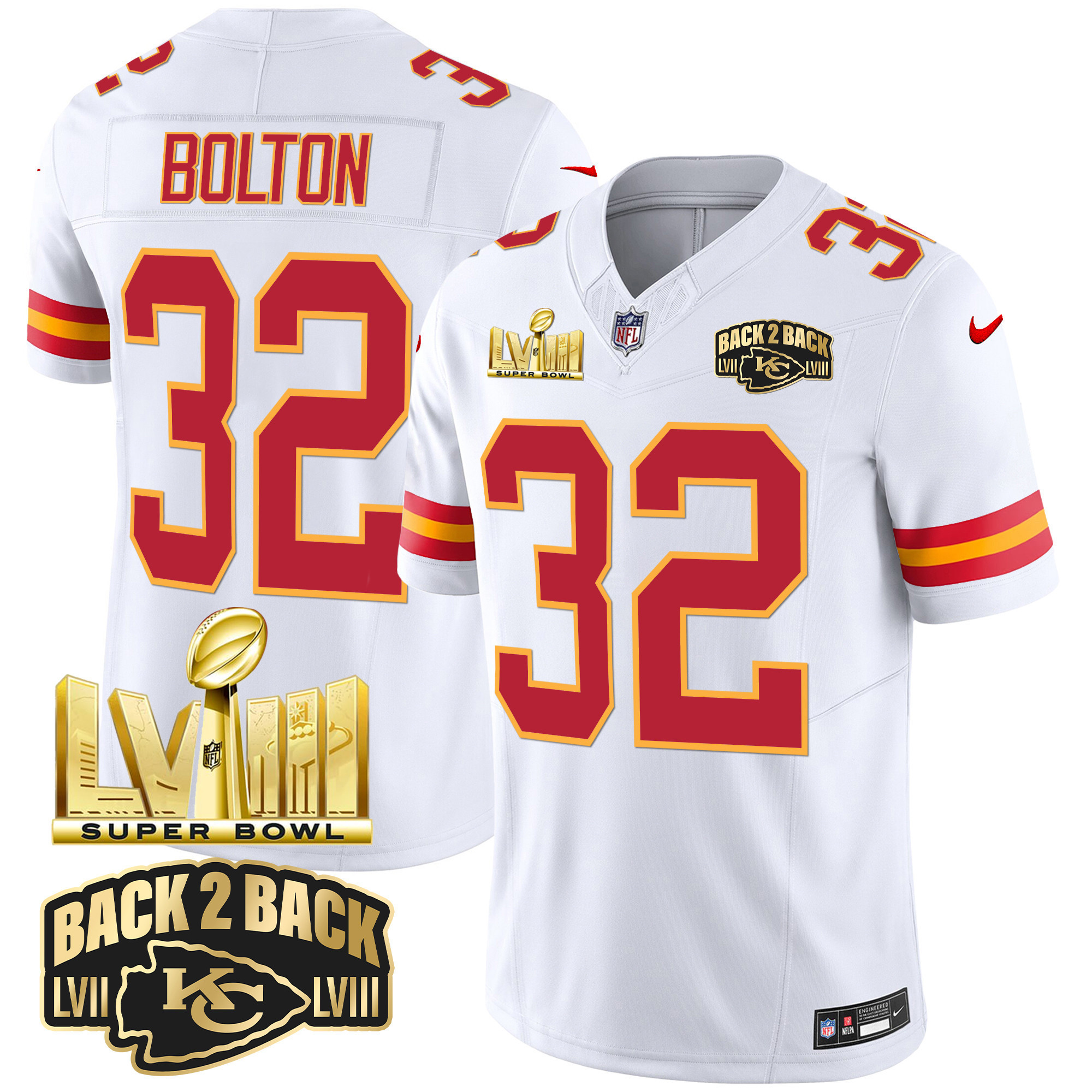 Nick Bolton Men's Kansas City Chiefs Super Bowl LVIII & Back 2 Back Gold Patch Vapor White Jersey - All Stitched