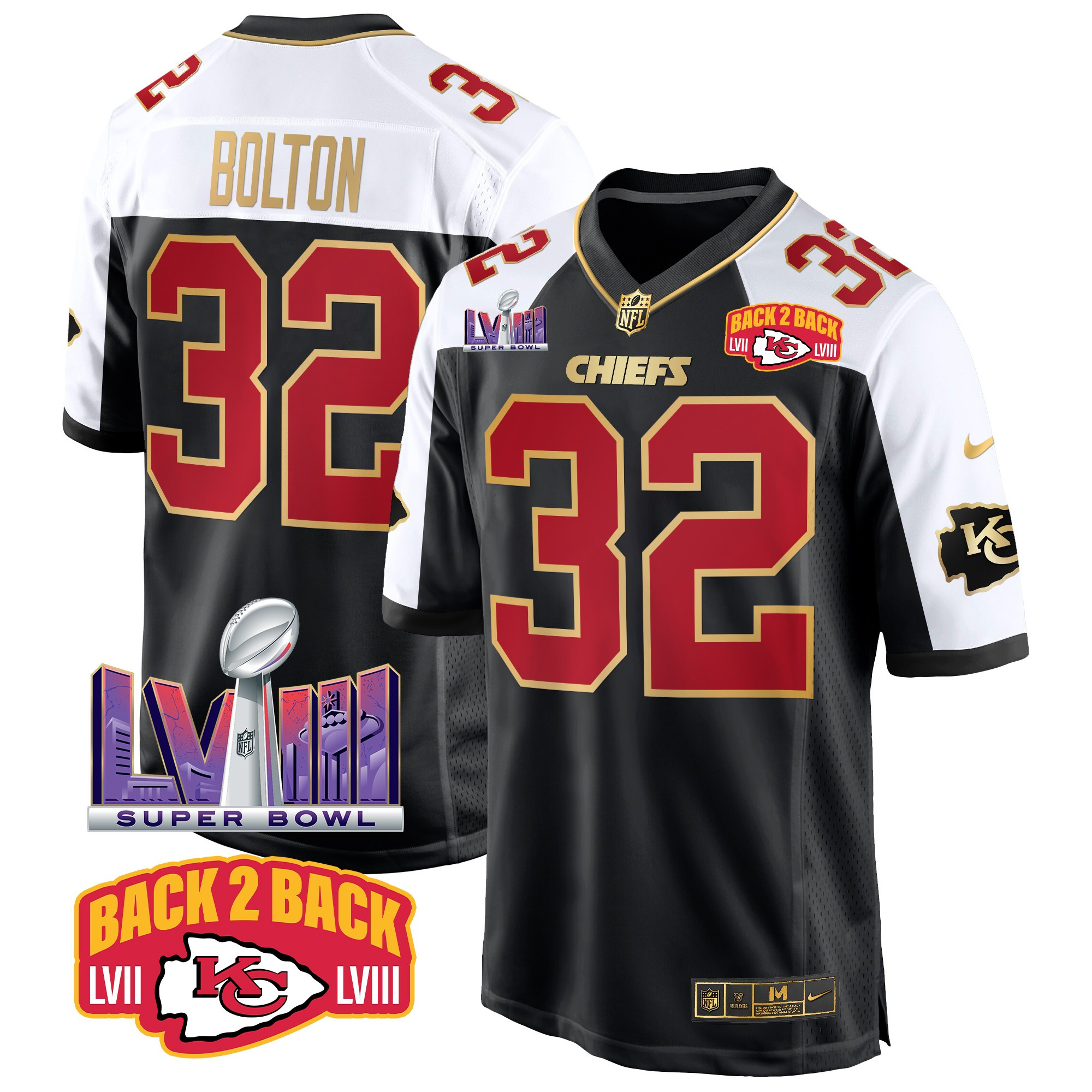 Nick Bolton Men's Kansas City Chiefs Super Bowl LVIII & Back 2 Back Patch Game Black Alternate Jersey - All Stitched