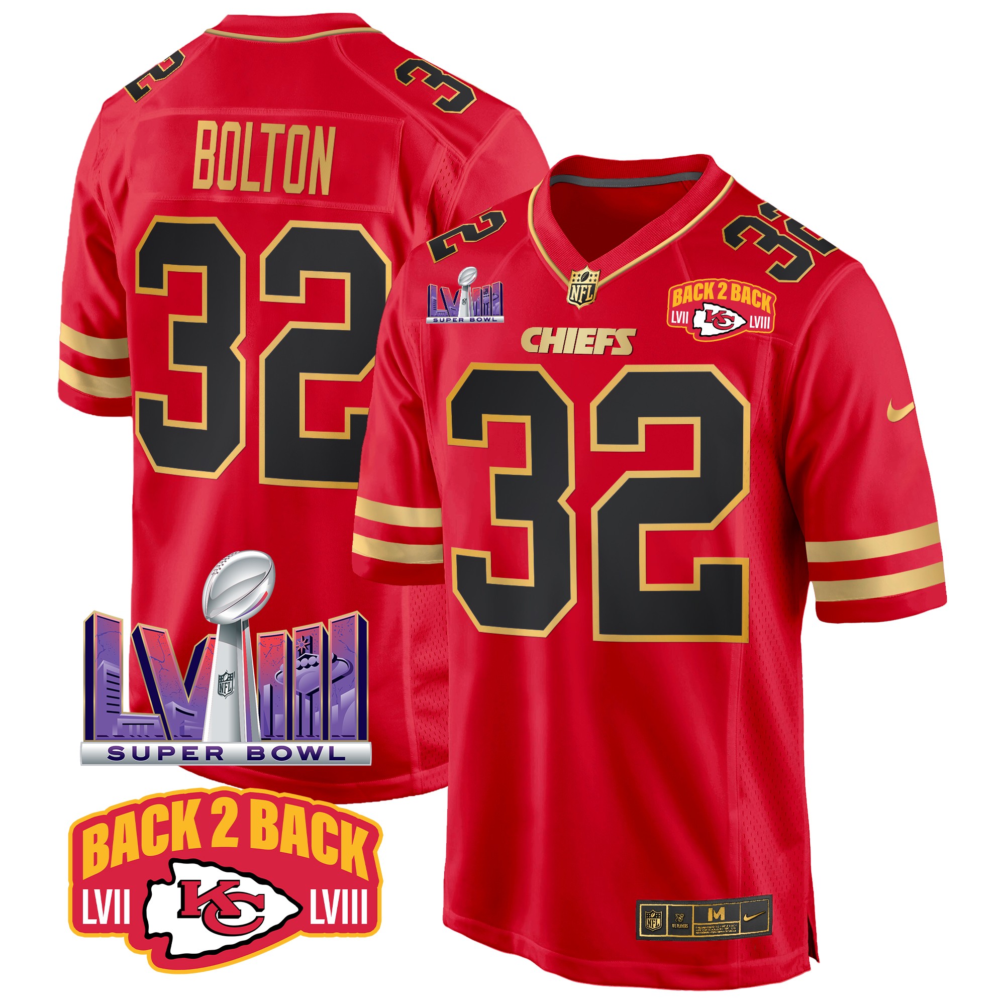 Nick Bolton Men's Kansas City Chiefs Super Bowl LVIII & Back 2 Back Patch Game Black Red Jersey - All Stitched
