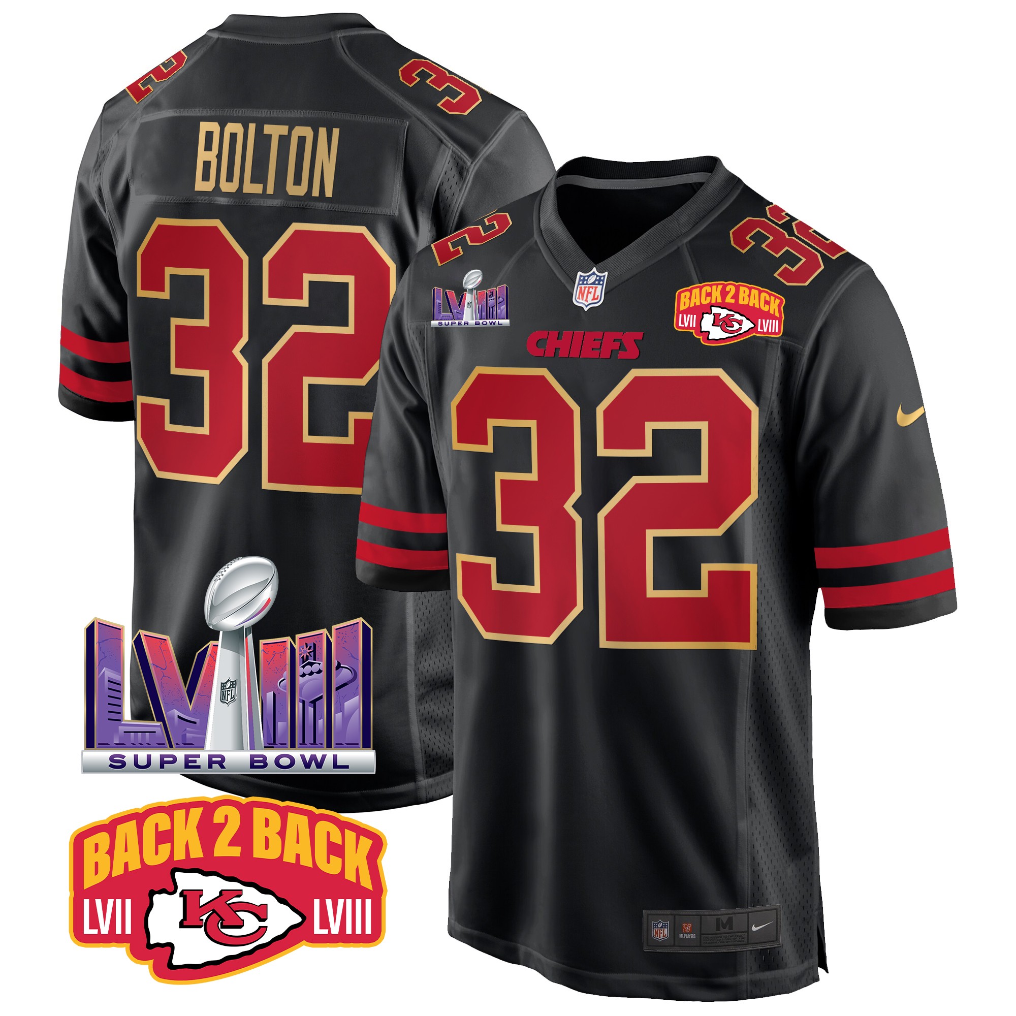 Nick Bolton Men's Kansas City Chiefs Super Bowl LVIII & Back 2 Back Patch Game Gold Trim Jersey - All Stitched