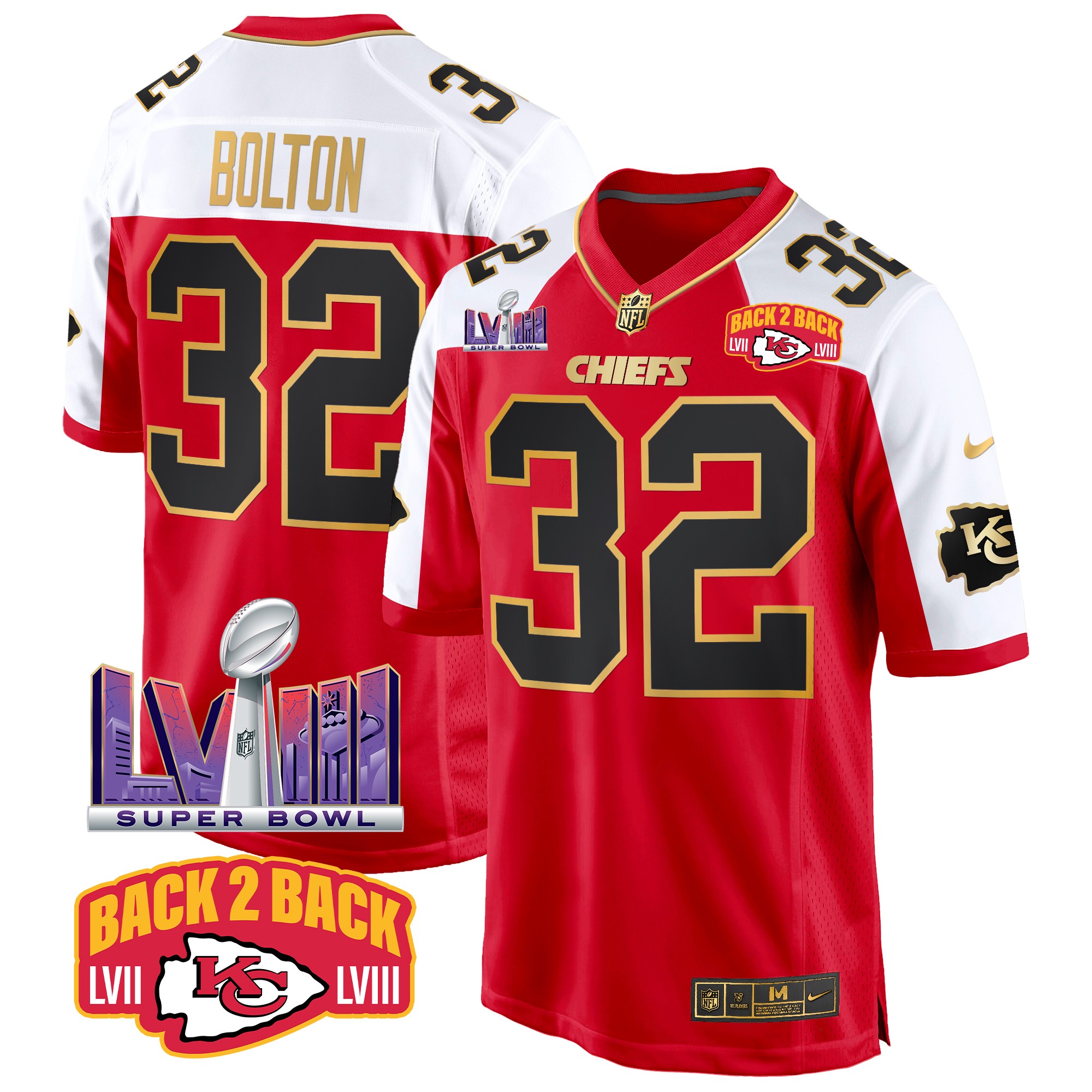 Nick Bolton Men's Kansas City Chiefs Super Bowl LVIII & Back 2 Back Patch Game Red Alternate Jersey - All Stitched