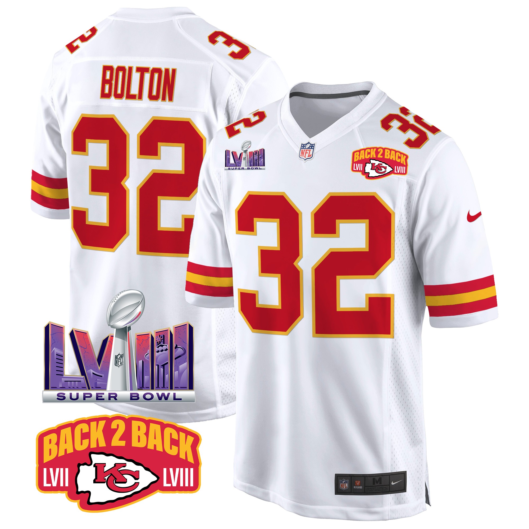Nick Bolton Men's Kansas City Chiefs Super Bowl LVIII & Back 2 Back Patch Game White Jersey - All Stitched