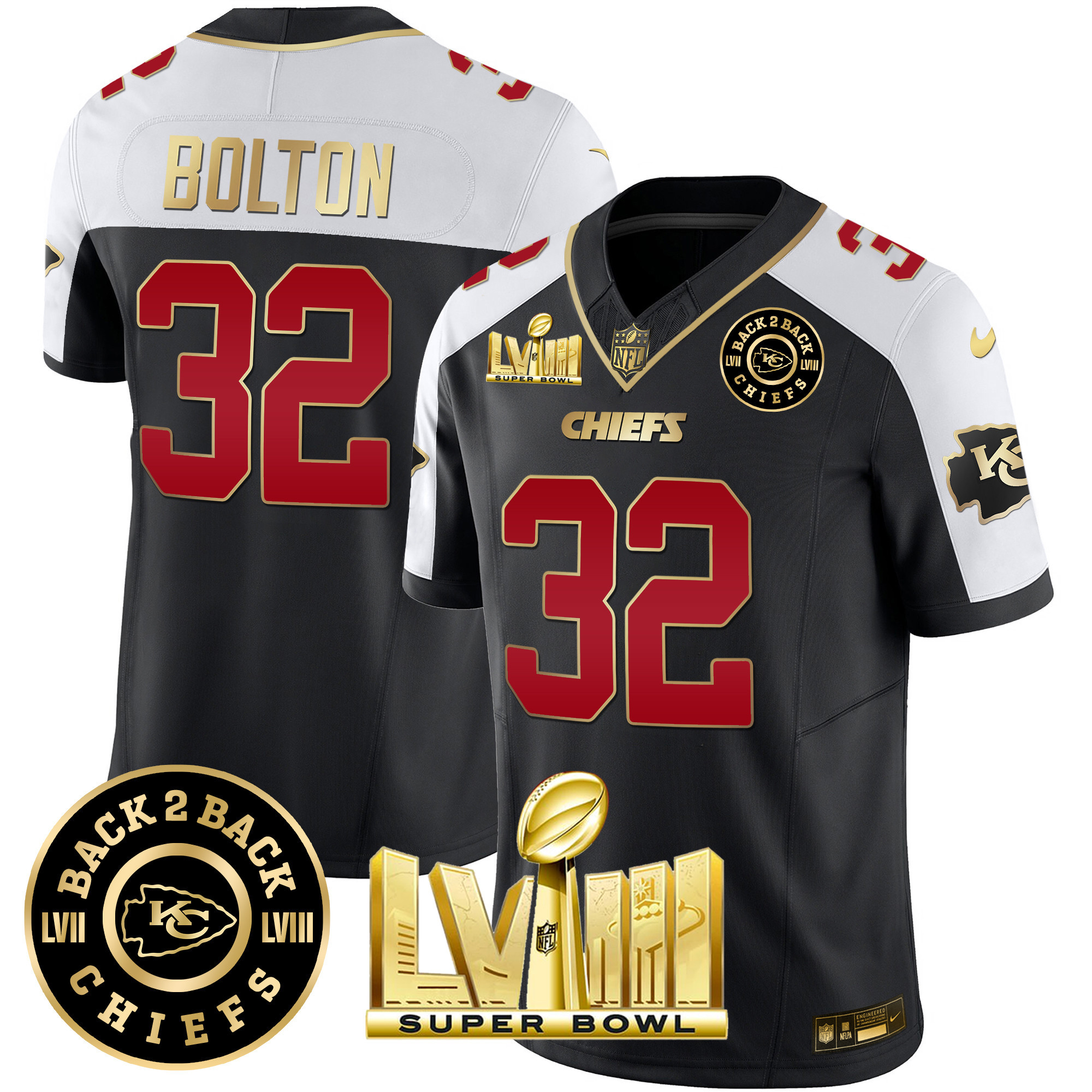 Nick Bolton Men's Kansas City Chiefs Super Bowl LVIII & Back 2 Back Patch Vapor Black Alternate Jersey - All Stitched