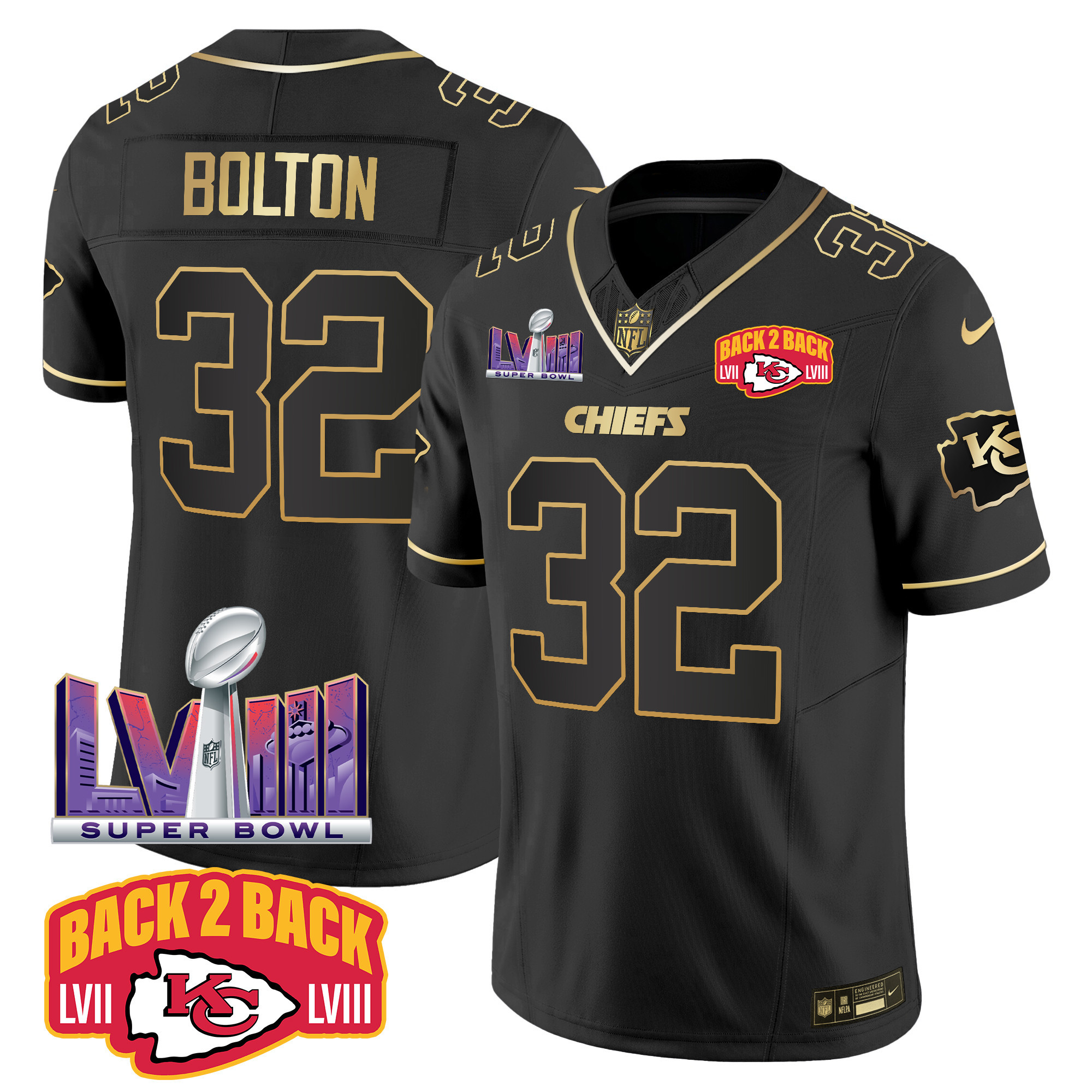 Nick Bolton Men's Kansas City Chiefs Super Bowl LVIII & Back 2 Back Patch Vapor Black Gold Jersey - All Stitched