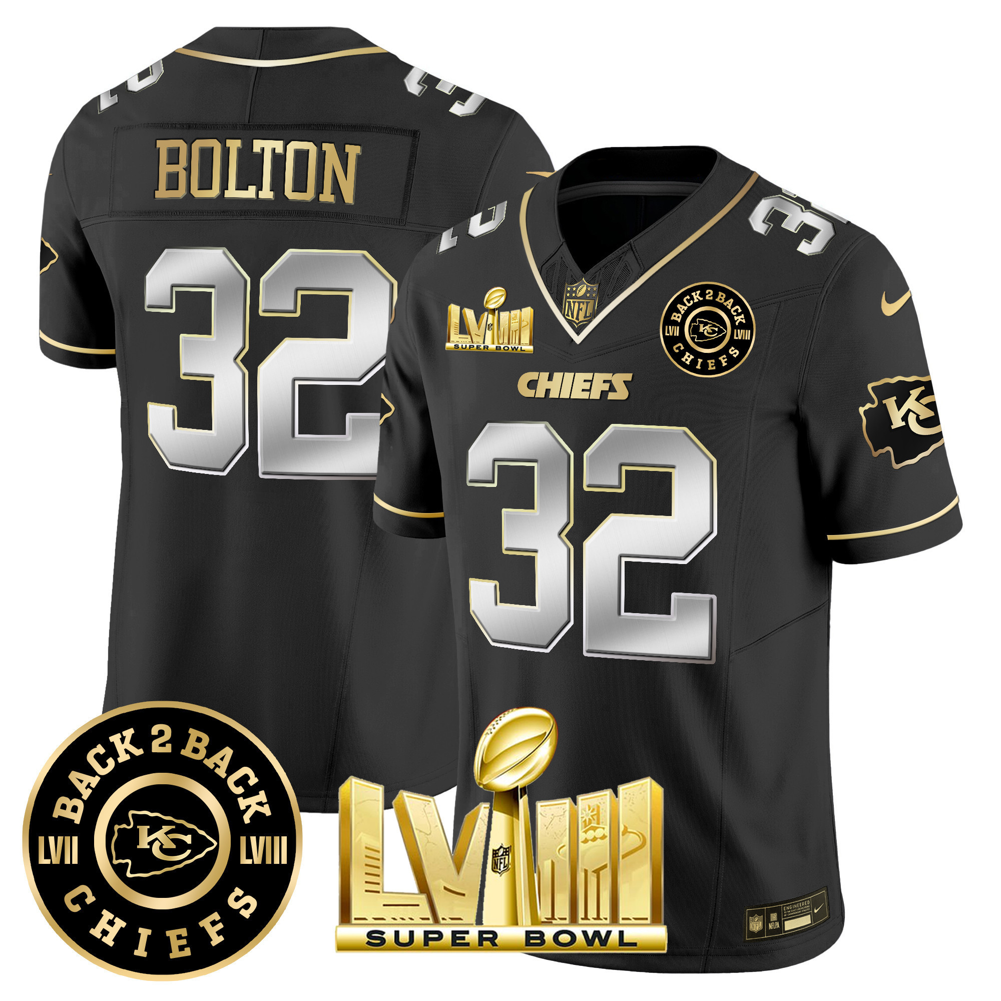 Nick Bolton Men's Kansas City Chiefs Super Bowl LVIII & Back 2 Back Patch Vapor Black Limited Jersey - All Stitched