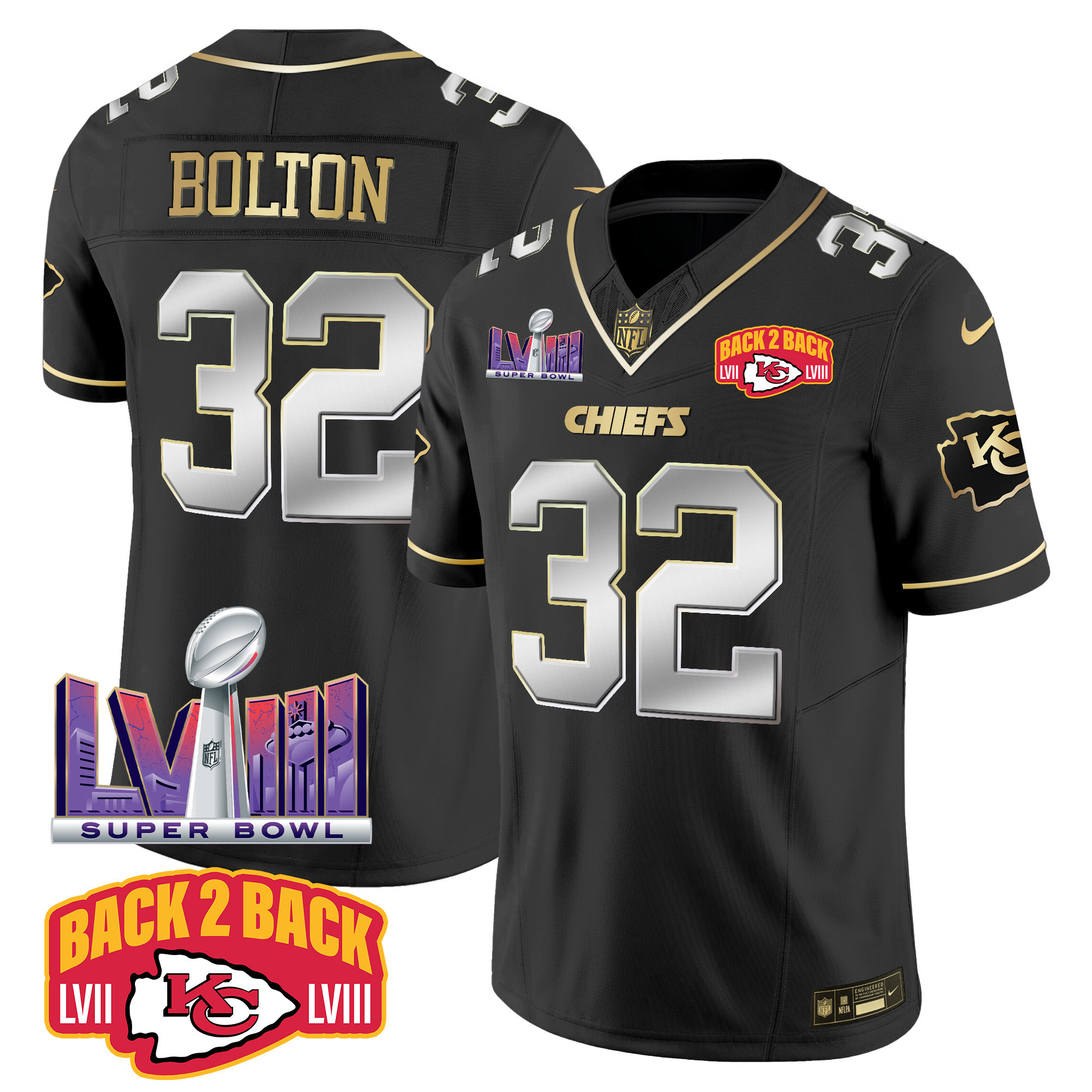 Nick Bolton Men's Kansas City Chiefs Super Bowl LVIII & Back 2 Back Patch Vapor Black Limited Jersey - All Stitched