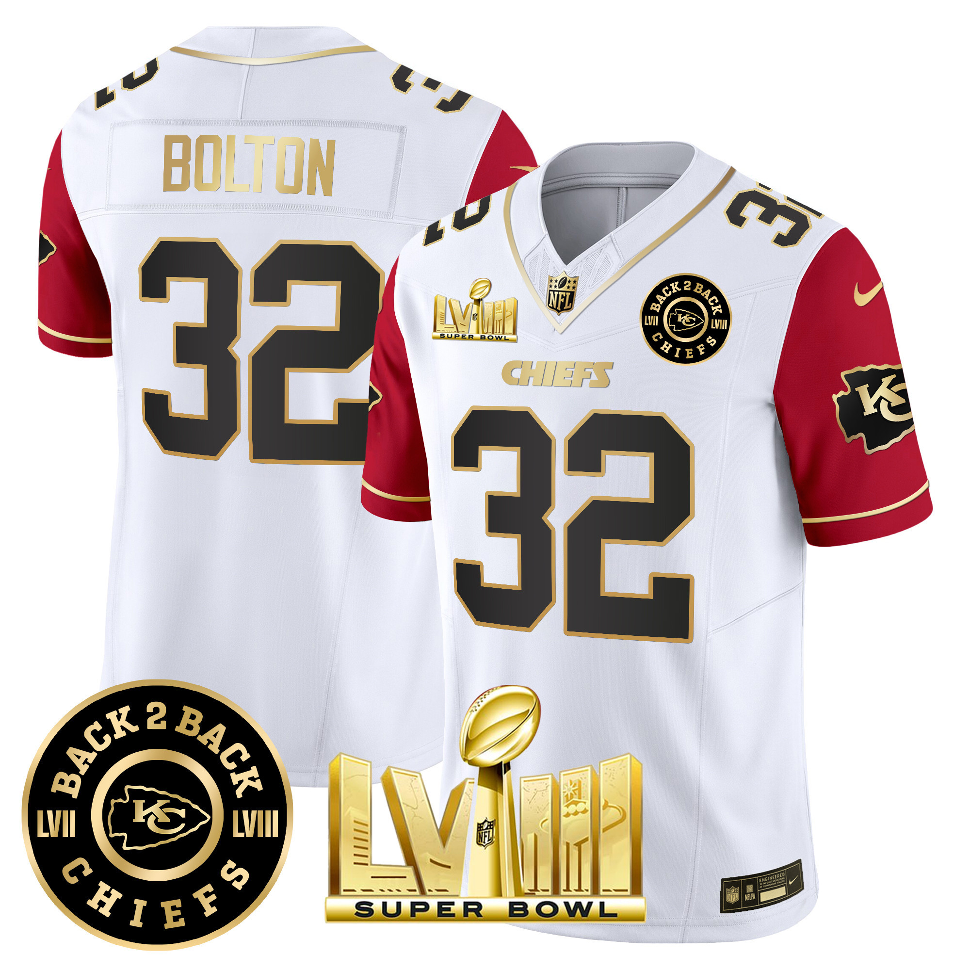 Nick Bolton Men's Kansas City Chiefs Super Bowl LVIII & Back 2 Back Patch Vapor Color Sleeves Jersey - All Stitched