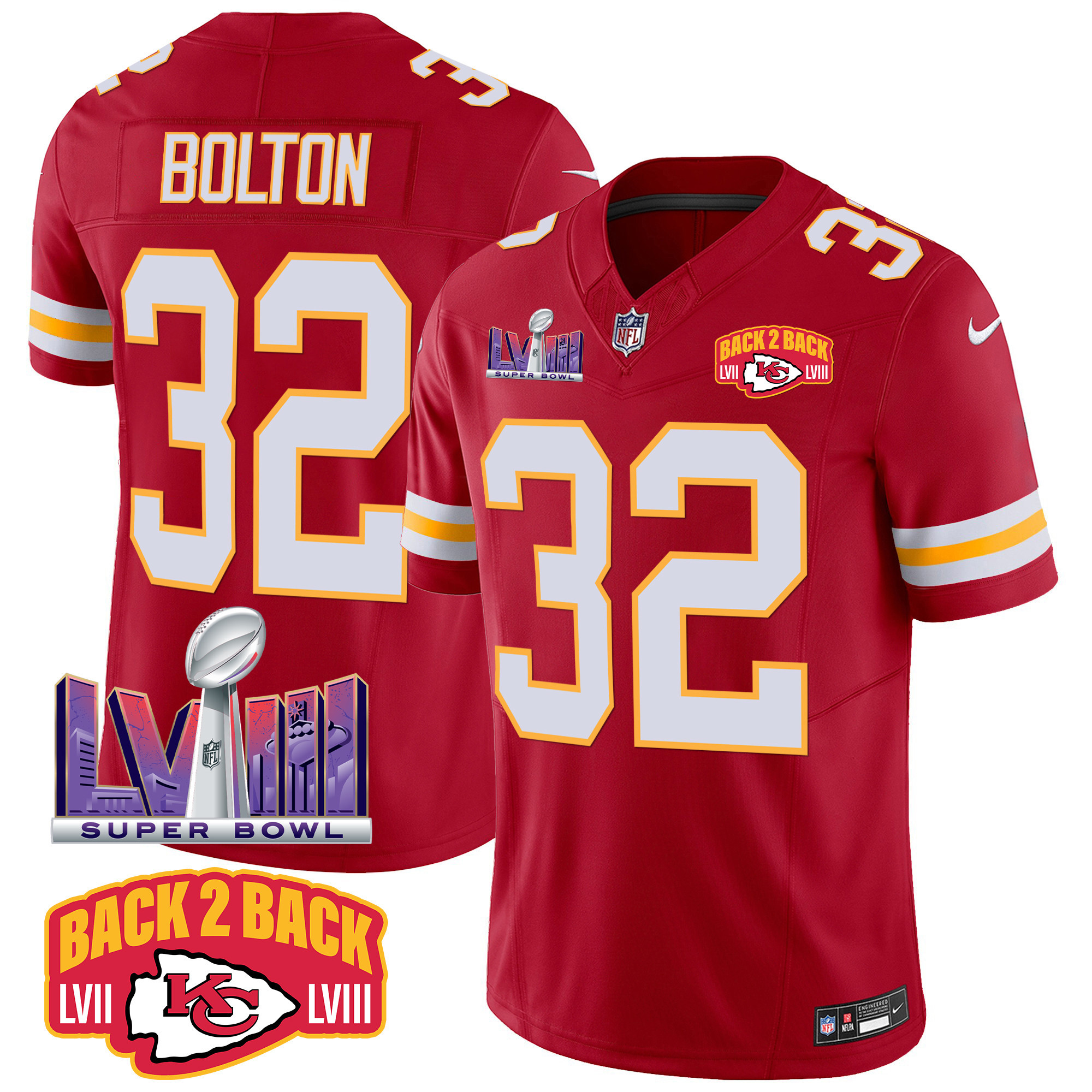 Nick Bolton Men's Kansas City Chiefs Super Bowl LVIII & Back 2 Back Patch Vapor Red Jersey - All Stitched