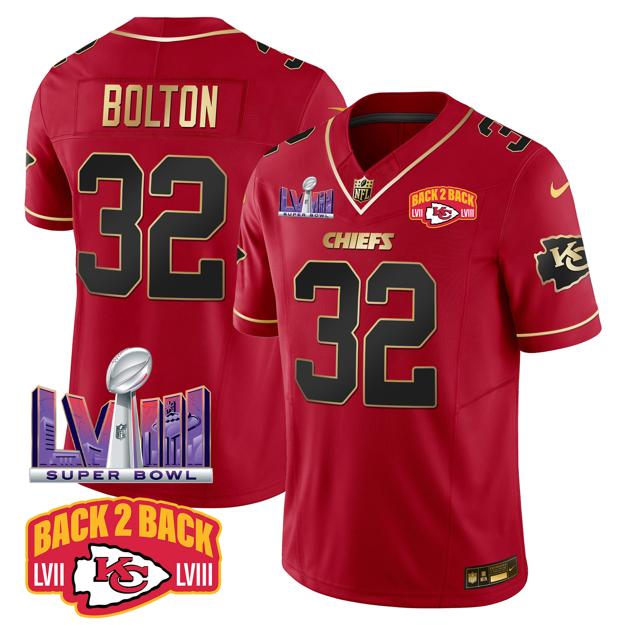 Nick Bolton Men's Kansas City Chiefs Super Bowl LVIII & Back 2 Back Patch Vapor Red Special Jersey - All Stitched