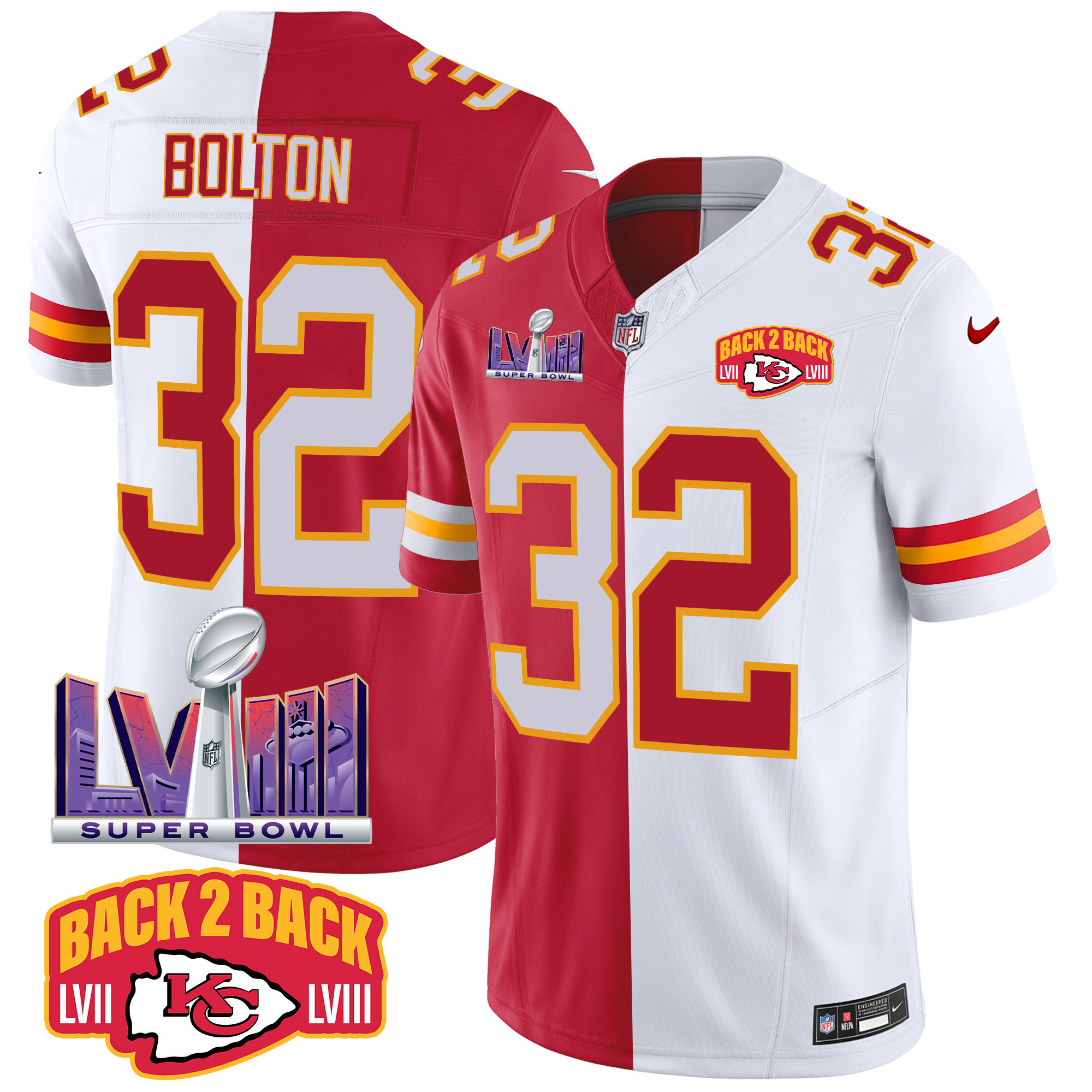 Nick Bolton Men's Kansas City Chiefs Super Bowl LVIII & Back 2 Back Patch Vapor Split Jersey - All Stitched