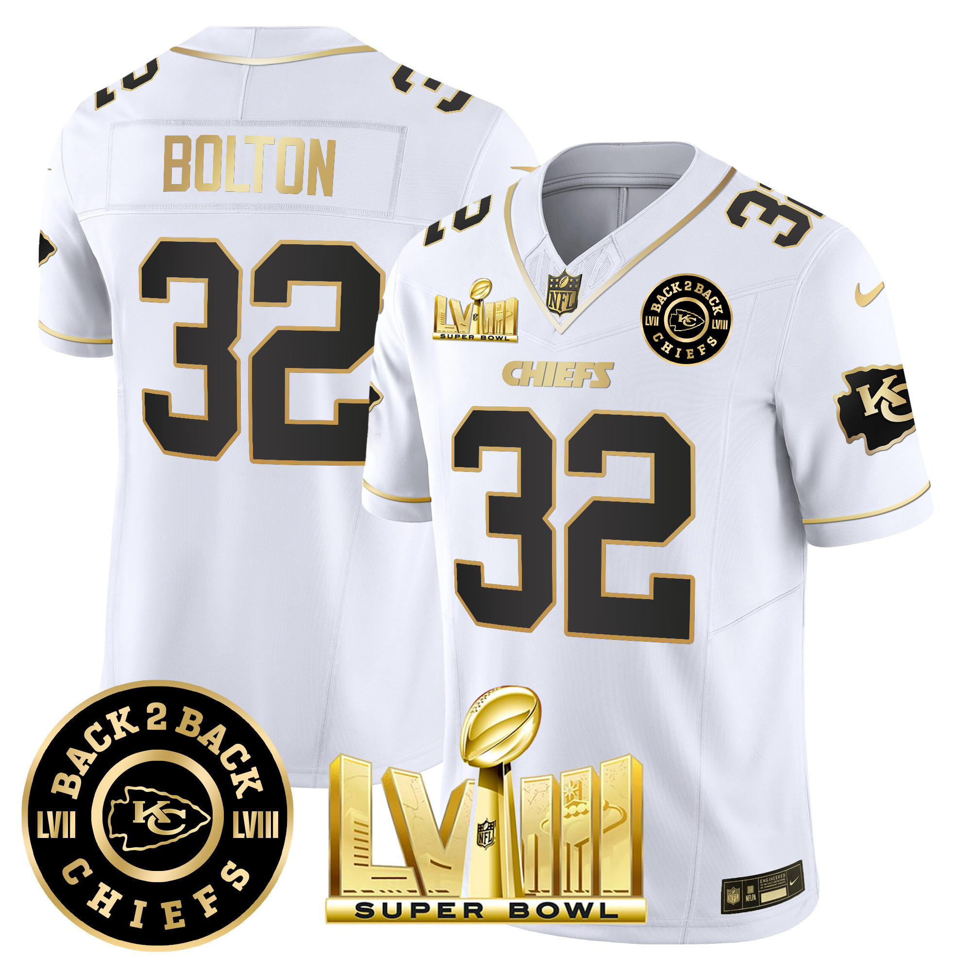 Nick Bolton Men's Kansas City Chiefs Super Bowl LVIII & Back 2 Back Patch Vapor White Gold Jersey - All Stitched