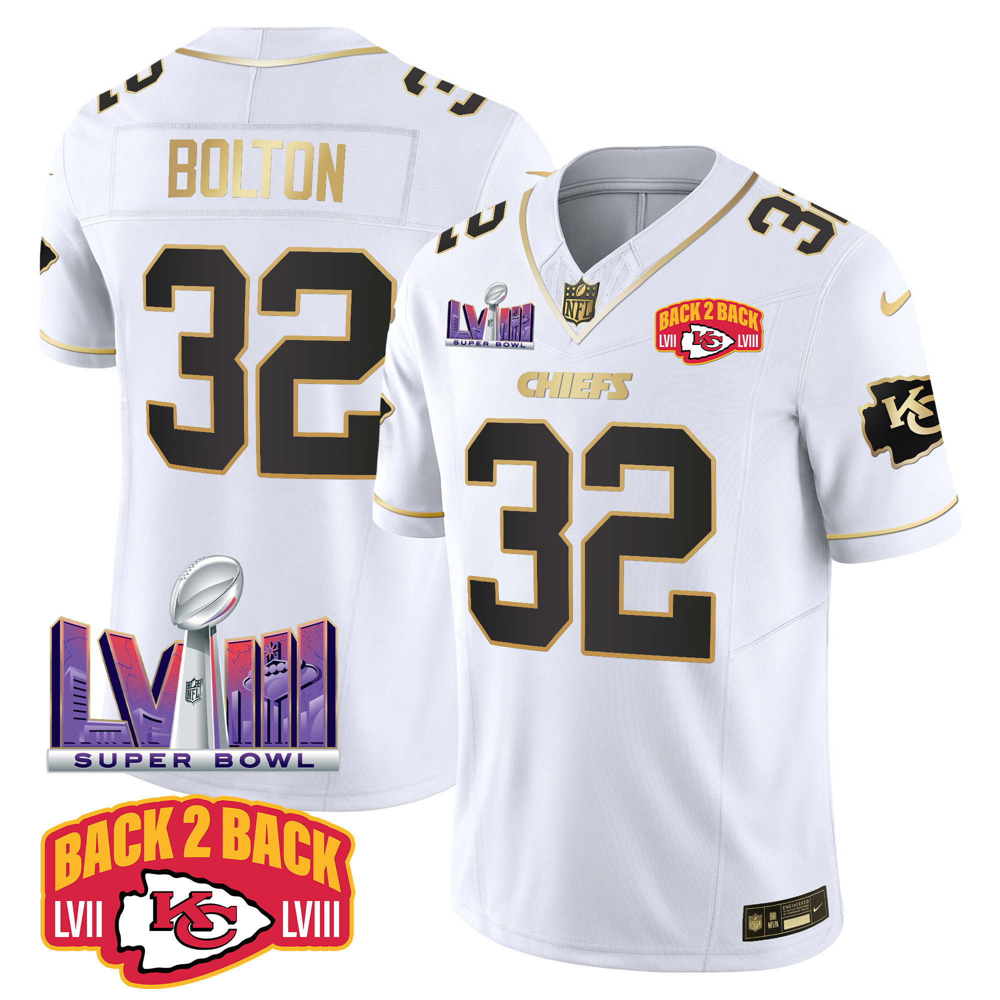 Nick Bolton Men's Kansas City Chiefs Super Bowl LVIII & Back 2 Back Patch Vapor White Gold Jersey - All Stitched