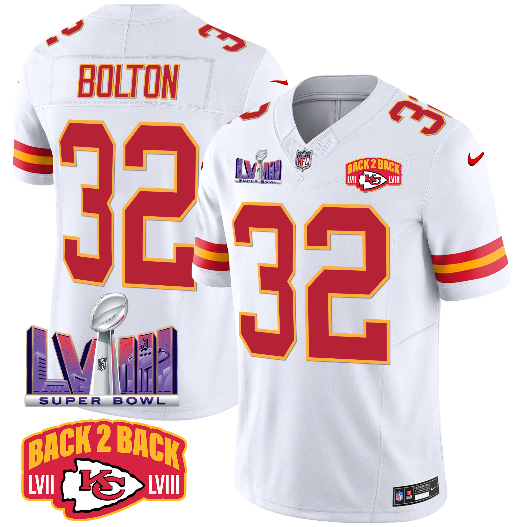 Nick Bolton Men's Kansas City Chiefs Super Bowl LVIII & Back 2 Back Patch Vapor White Jersey - All Stitched