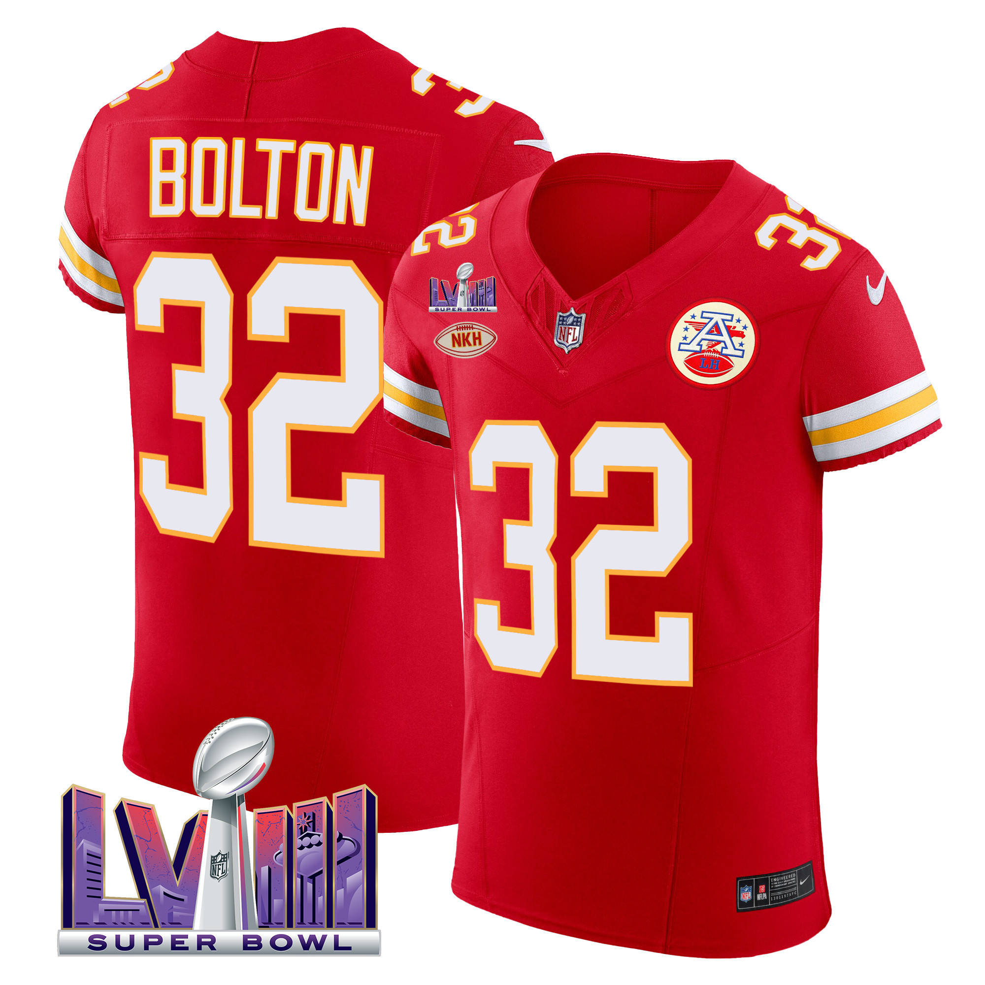 Nick Bolton Men's Kansas City Chiefs Super Bowl LVIII Gold Patch Vapor Elite Red Jersey - All Stitched
