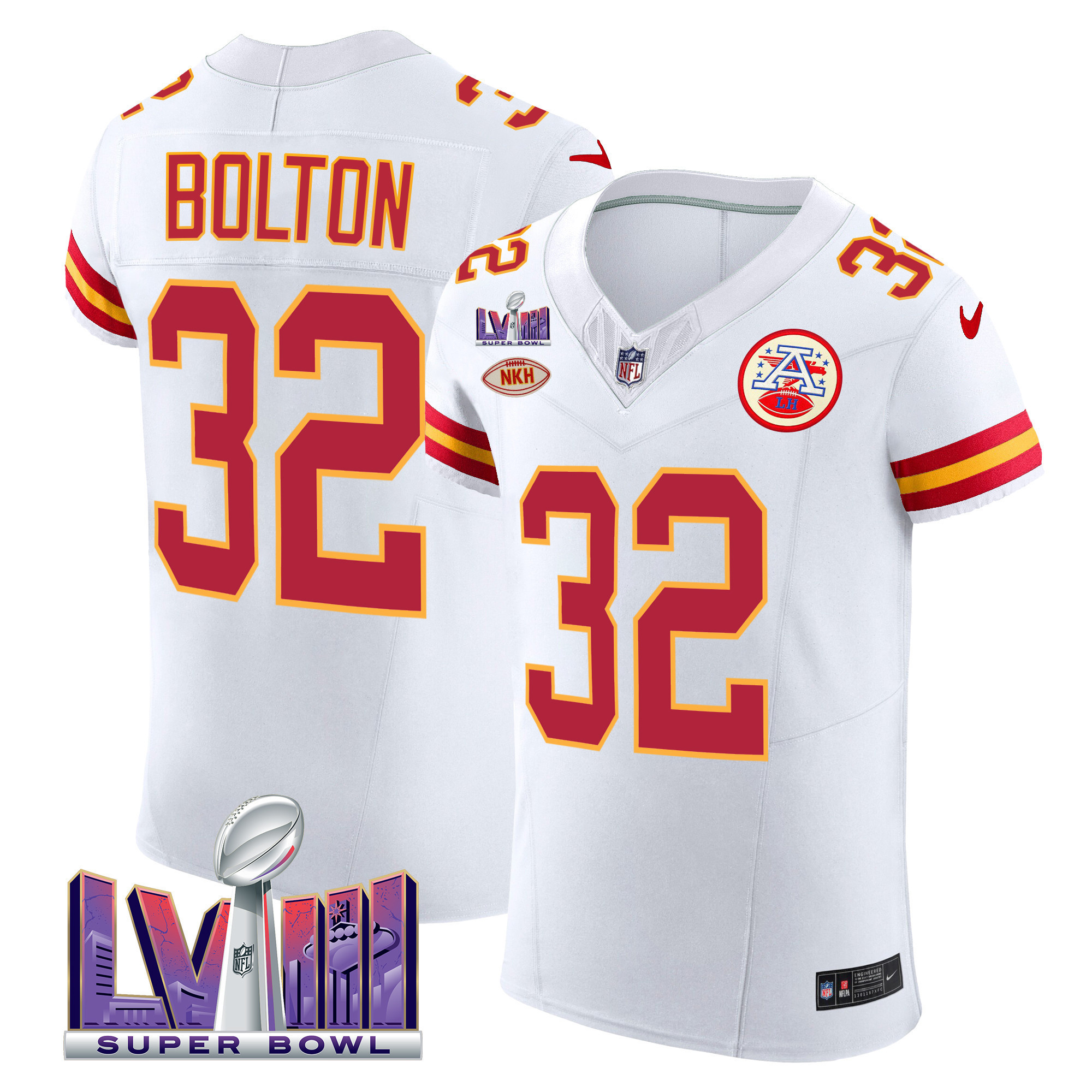 Nick Bolton Men's Kansas City Chiefs Super Bowl LVIII Gold Patch Vapor Elite White Jersey - All Stitched
