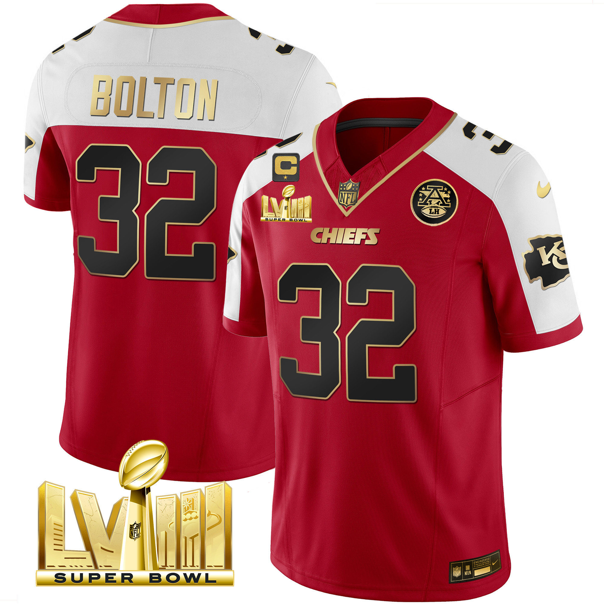 Nick Bolton Men's Kansas City Chiefs Super Bowl LVIII Gold Patch Vapor Red Alternate Jersey - All Stitched