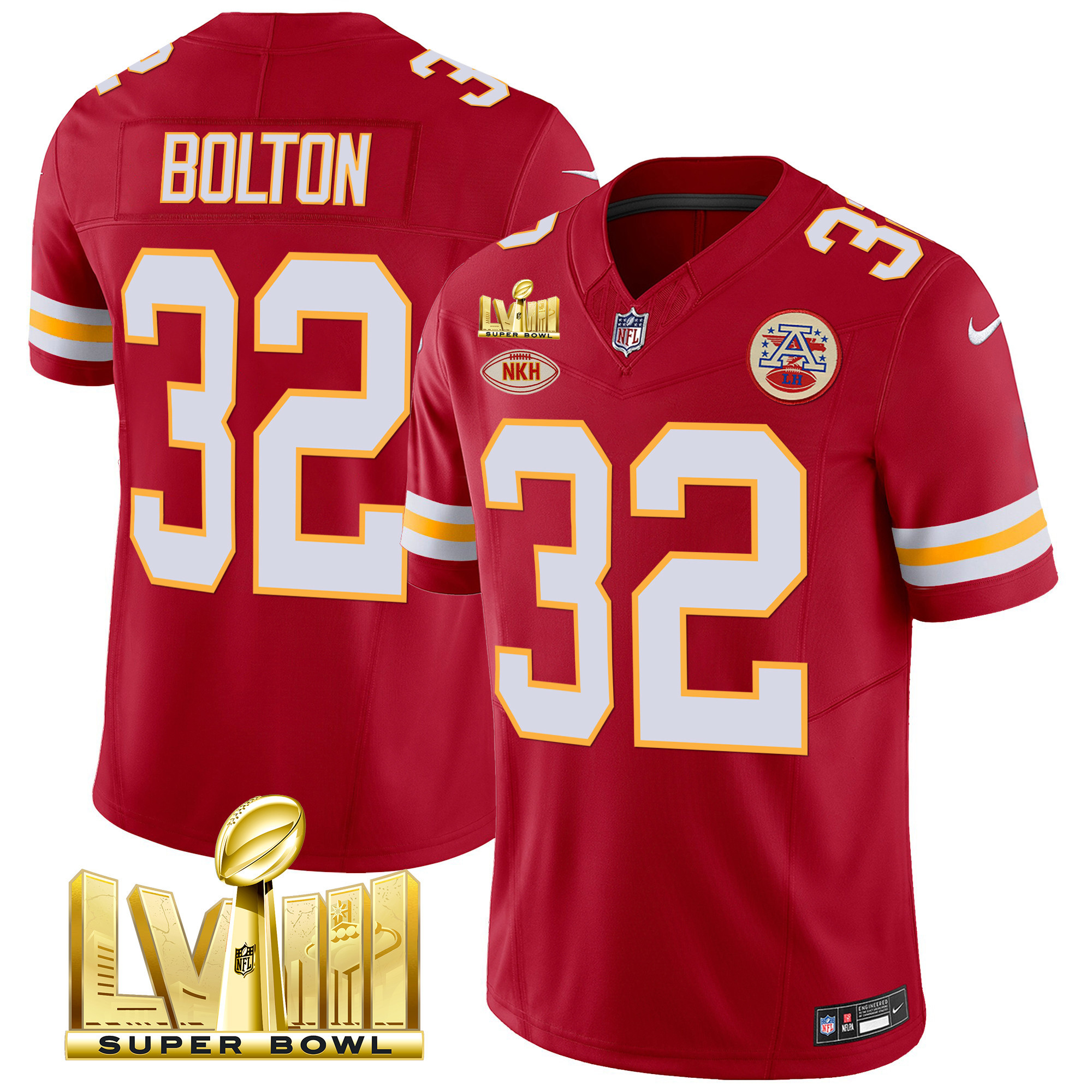 Nick Bolton Men's Kansas City Chiefs Super Bowl LVIII Gold Patch Vapor Red Jersey - All Stitched