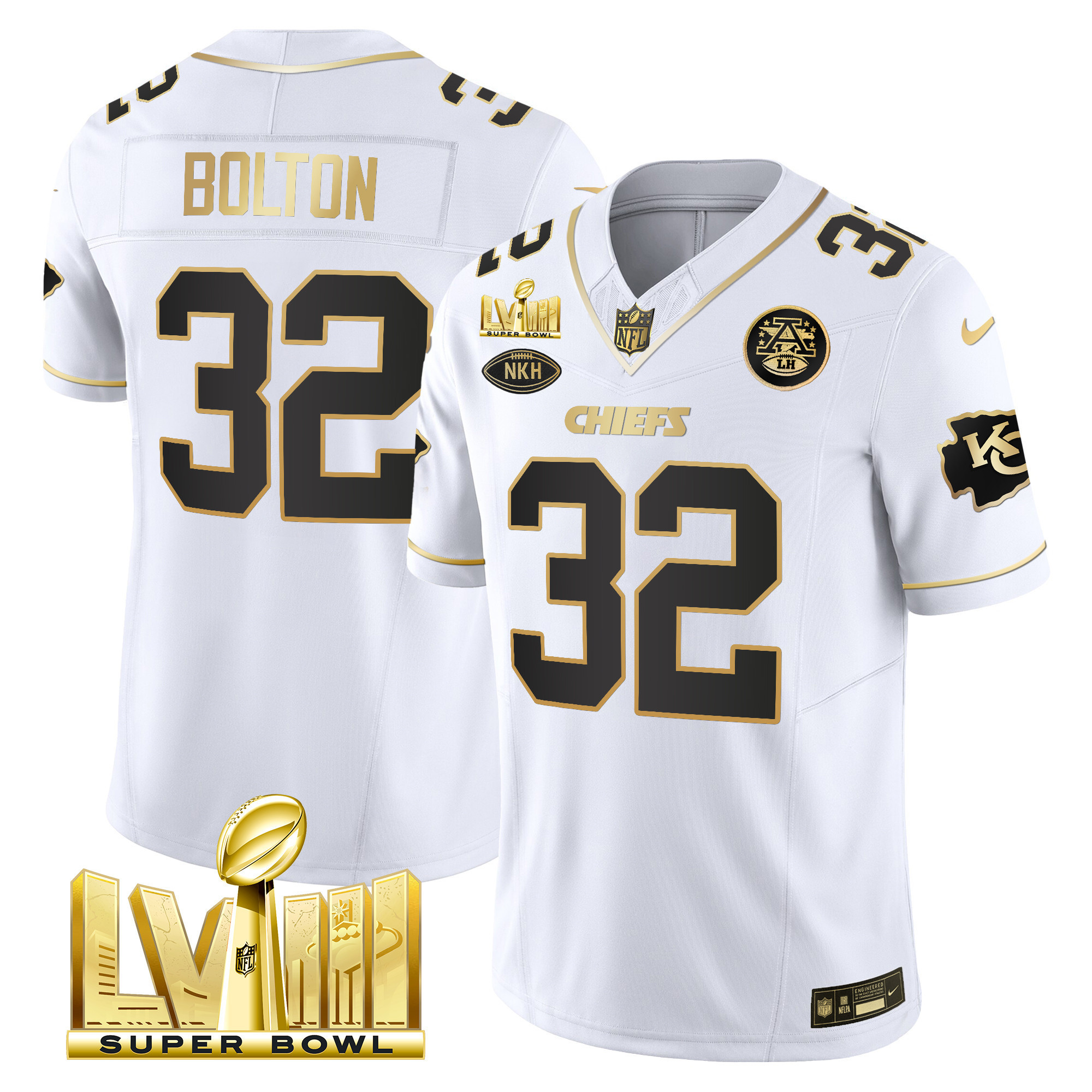 Nick Bolton Men's Kansas City Chiefs Super Bowl LVIII Gold Patch Vapor White Gold Jersey - All Stitched