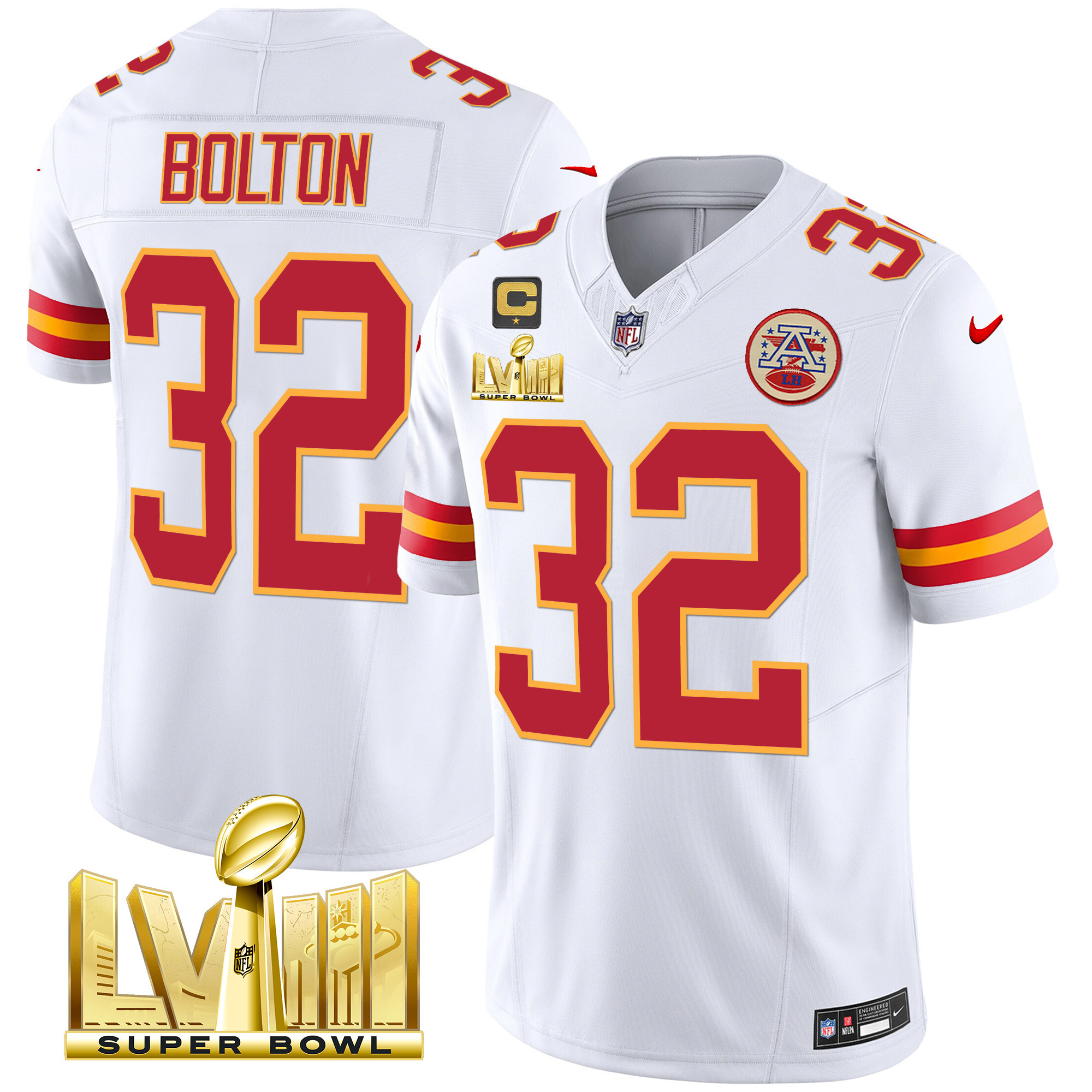Nick Bolton Men's Kansas City Chiefs Super Bowl LVIII Gold Patch Vapor White Jersey - All Stitched
