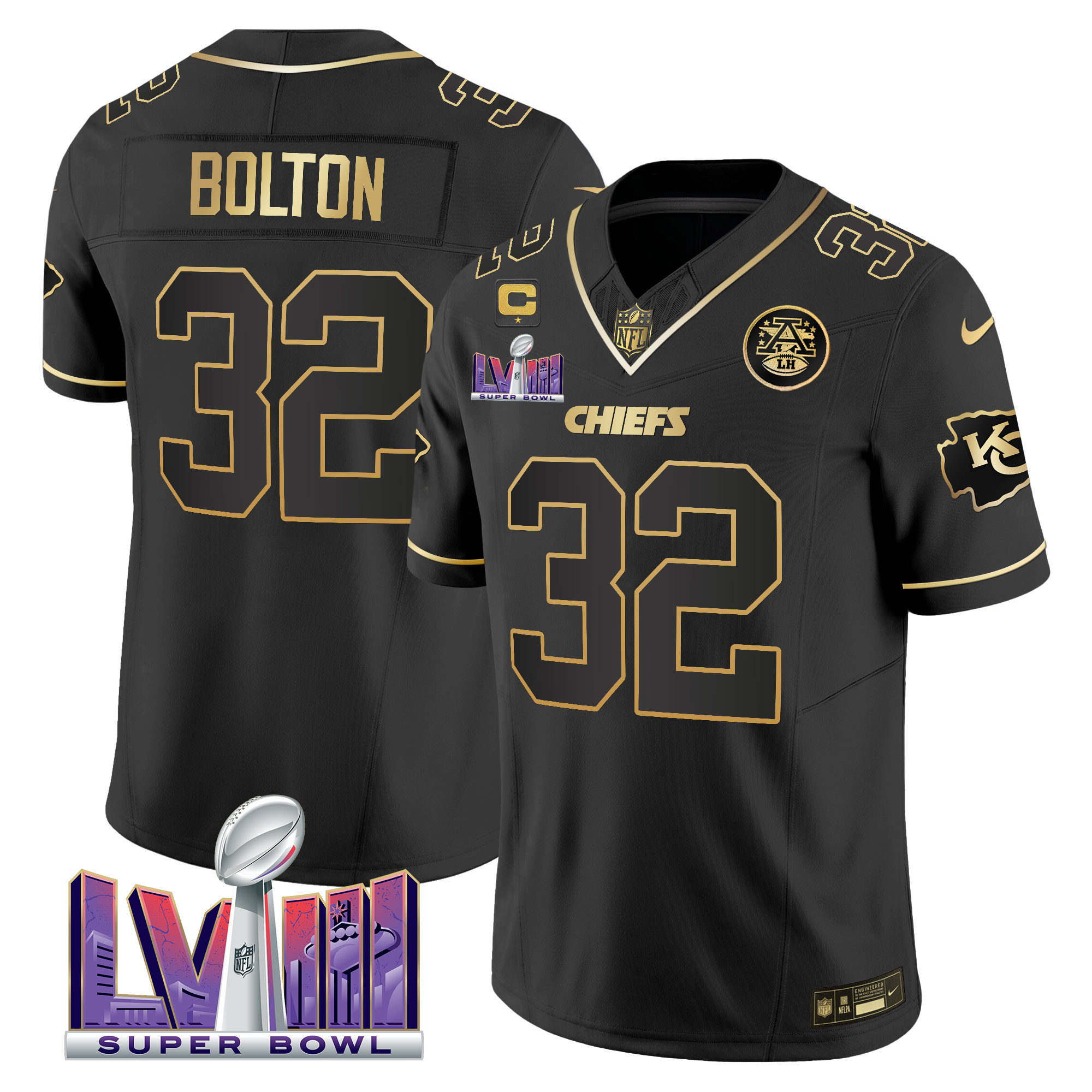 Nick Bolton Men's Kansas City Chiefs Super Bowl LVIII Patch Vapor Black Gold Jersey - All Stitched