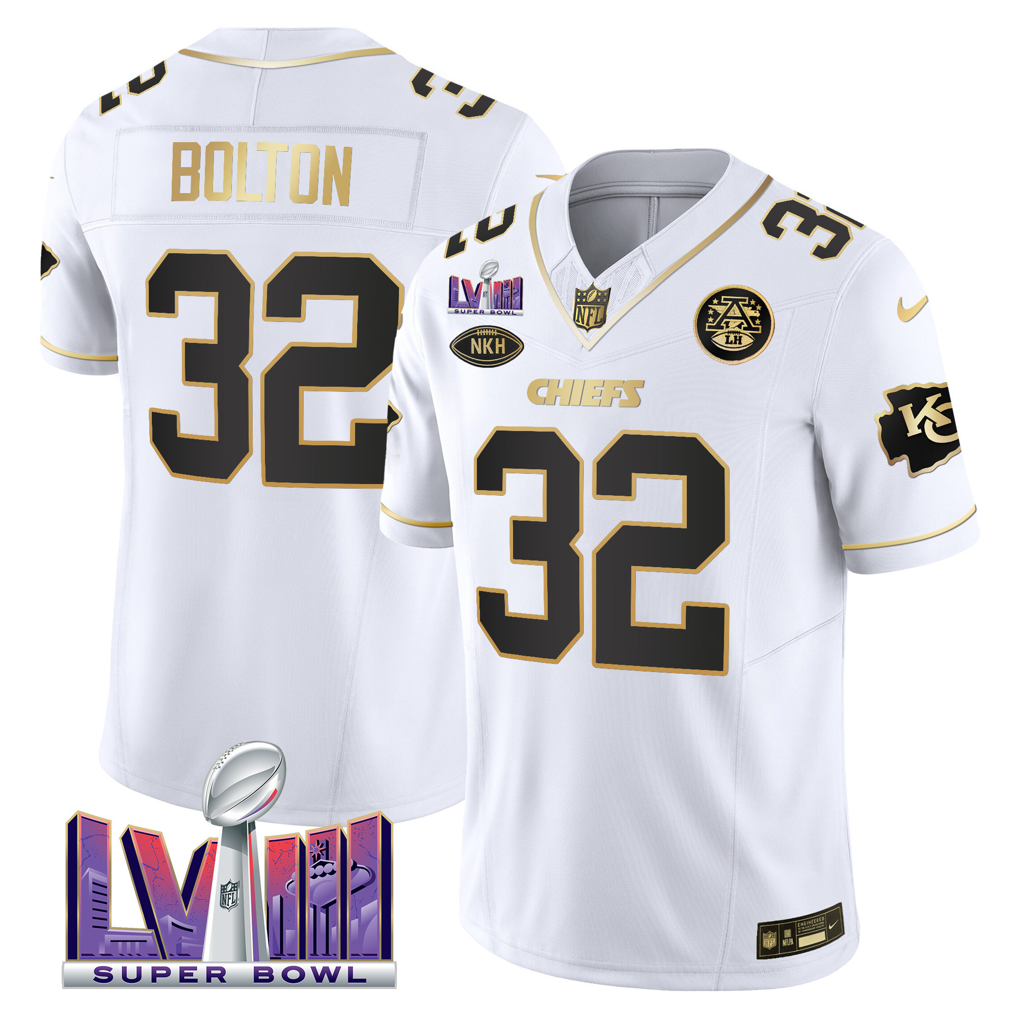 Nick Bolton Men's Kansas City Chiefs Super Bowl LVIII Patch Vapor White Gold Jersey - All Stitched