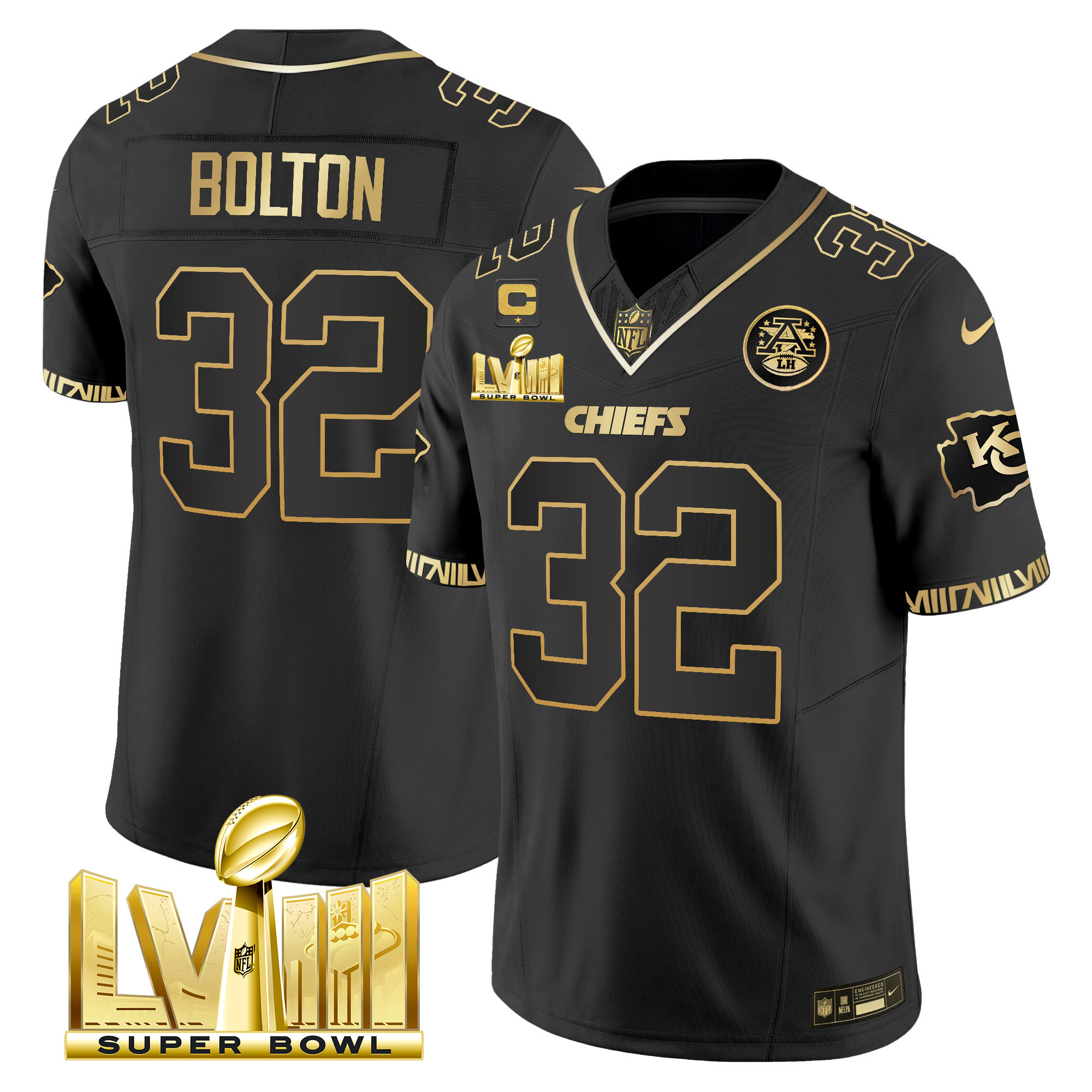 Nick Bolton Men's Kansas City Chiefs Super Bowl LVIII Pattern Gold Vapor Black Gold Jersey - All Stitched