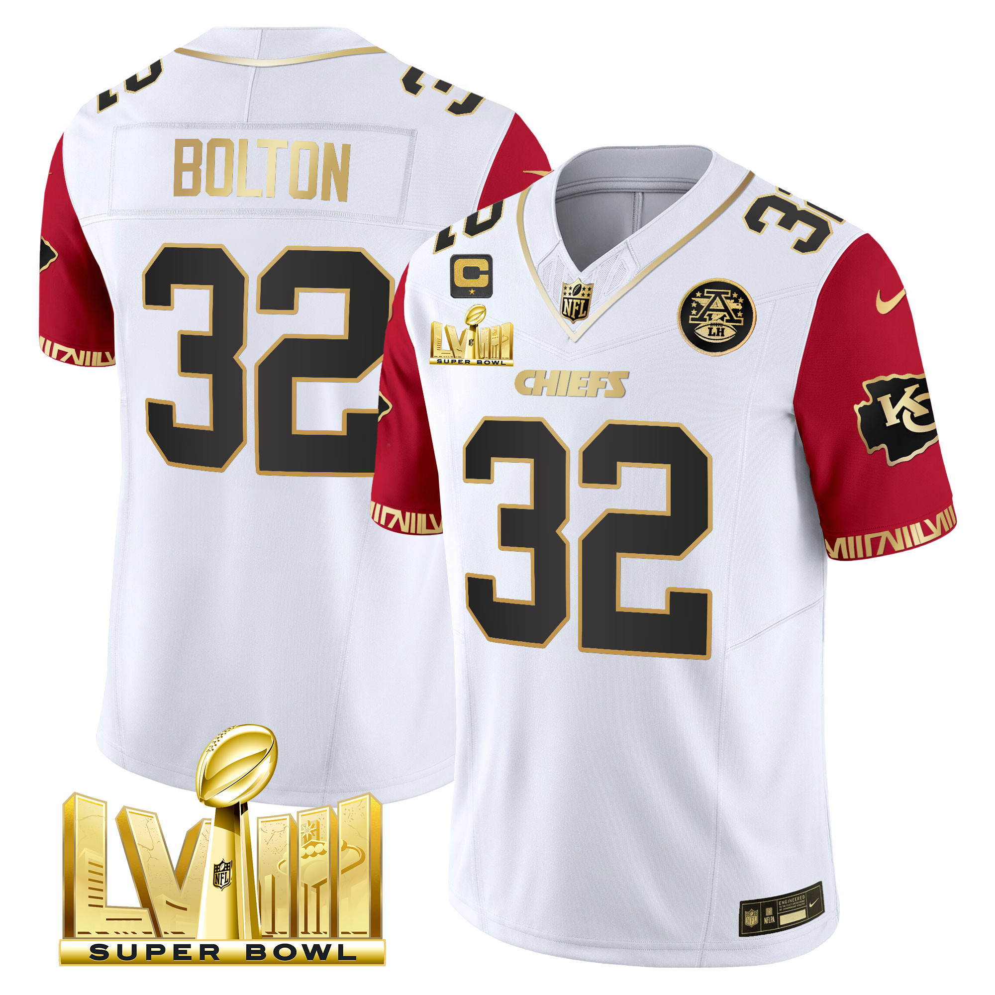 Nick Bolton Men's Kansas City Chiefs Super Bowl LVIII Pattern Gold Vapor Color Sleeves Jersey - All Stitched