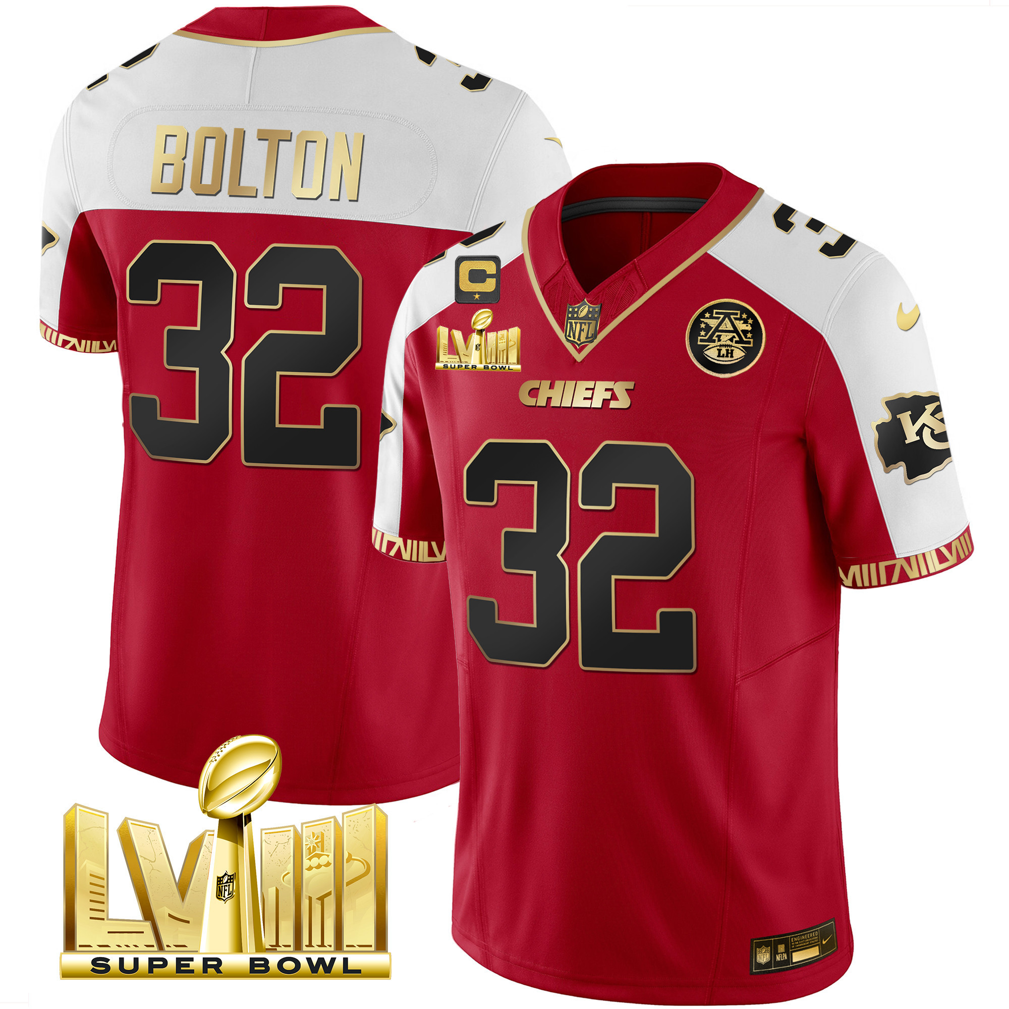 Nick Bolton Men's Kansas City Chiefs Super Bowl LVIII Pattern Gold Vapor Red Alternate Jersey - All Stitched