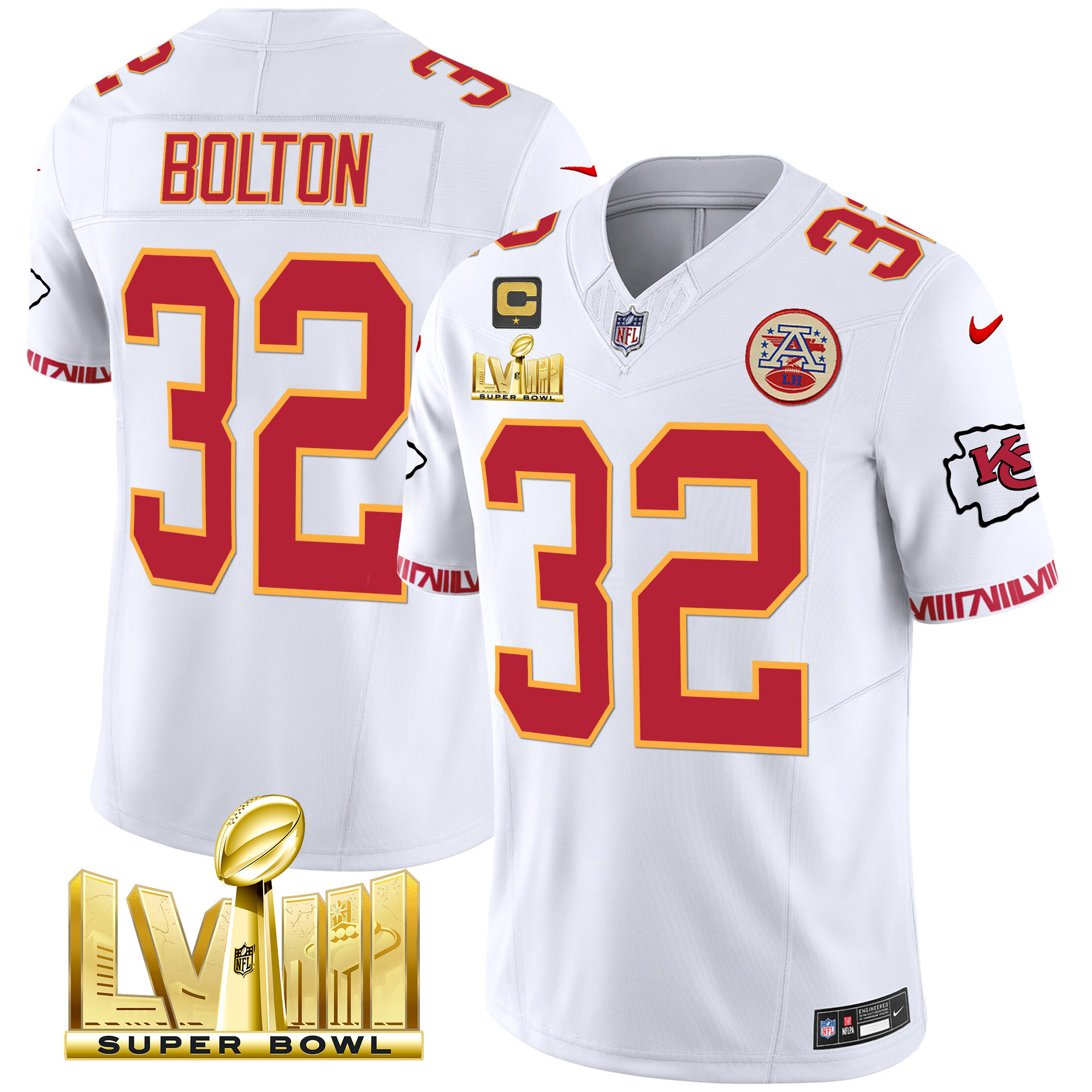 Nick Bolton Men's Kansas City Chiefs Super Bowl LVIII Pattern Gold Vapor White Jersey - All Stitched