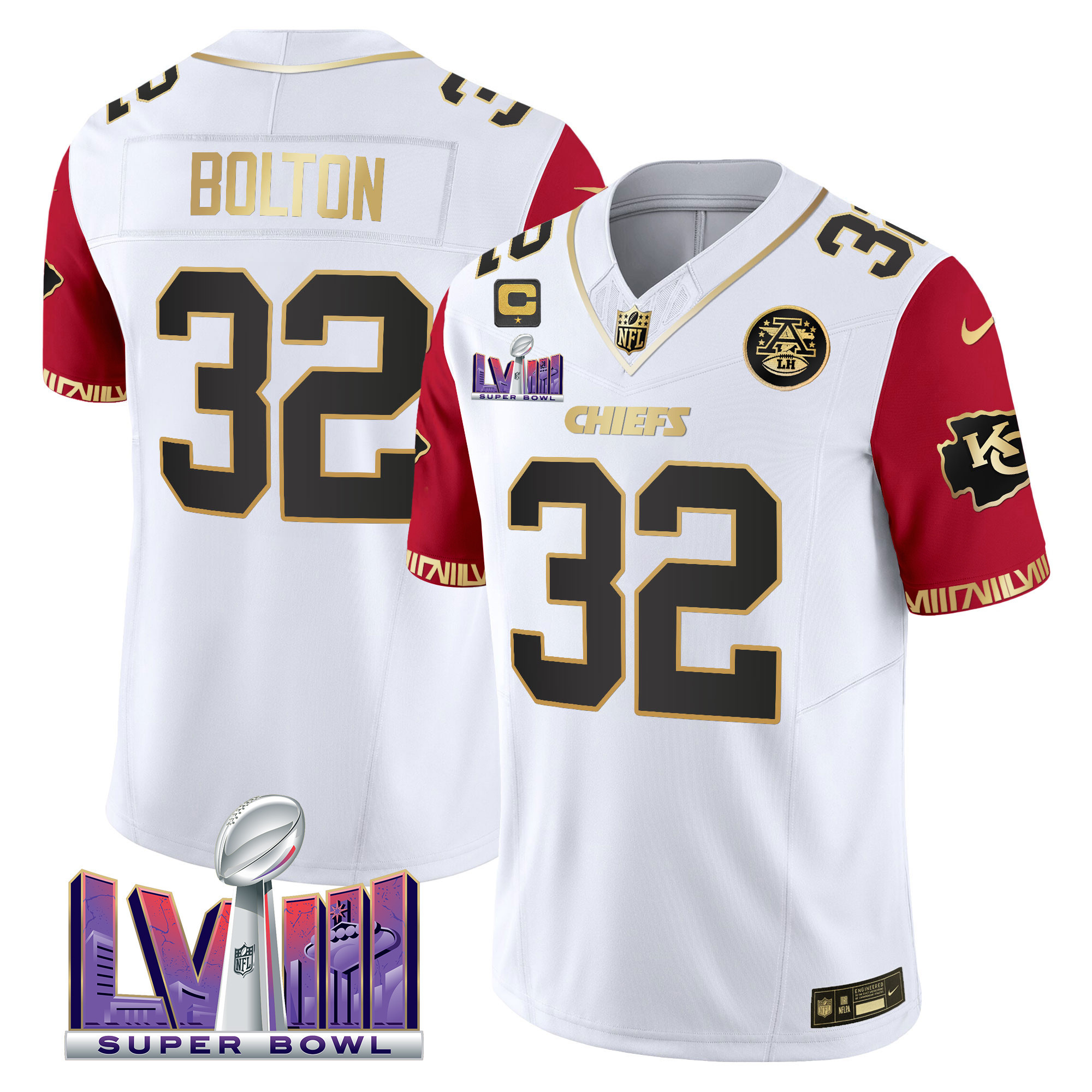 Nick Bolton Men's Kansas City Chiefs Super Bowl LVIII Pattern Vapor Color Sleeves Jersey - All Stitched