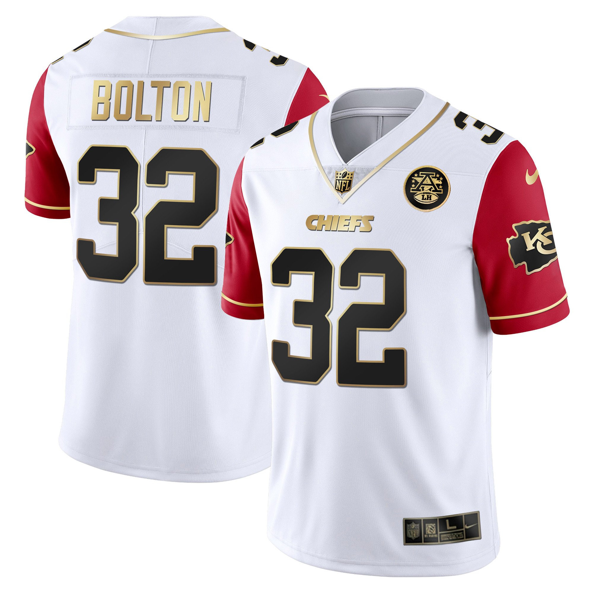 Nick Bolton Men's Kansas City Chiefs White Gold & Black Gold - All Stitched Red Sleeves Jersey - All Stitched