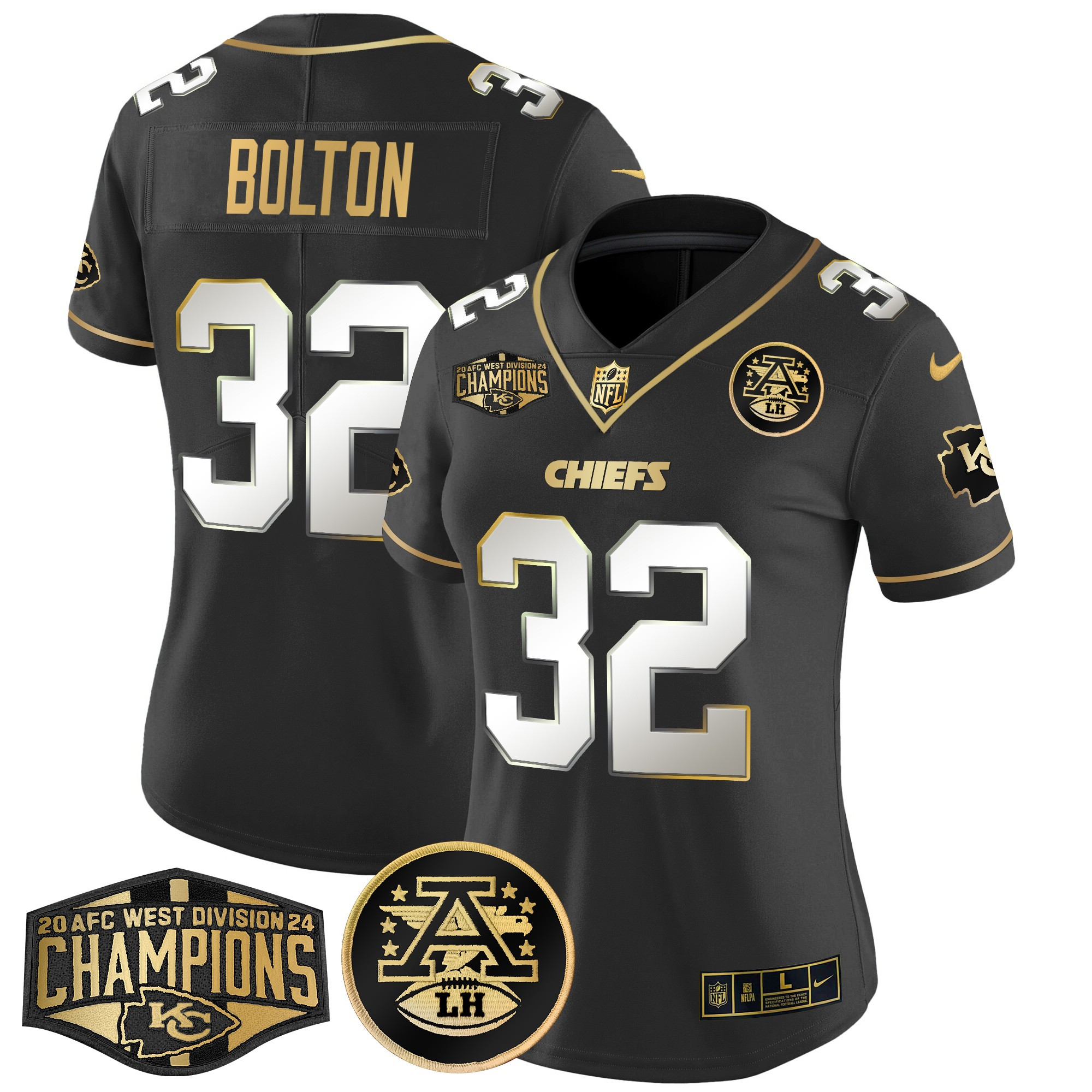 Nick Bolton Women's Kansas City Chiefs 2024 AFC West Division Champions Patch Gold Vapor Limited Black Limited Jersey - All Stitched