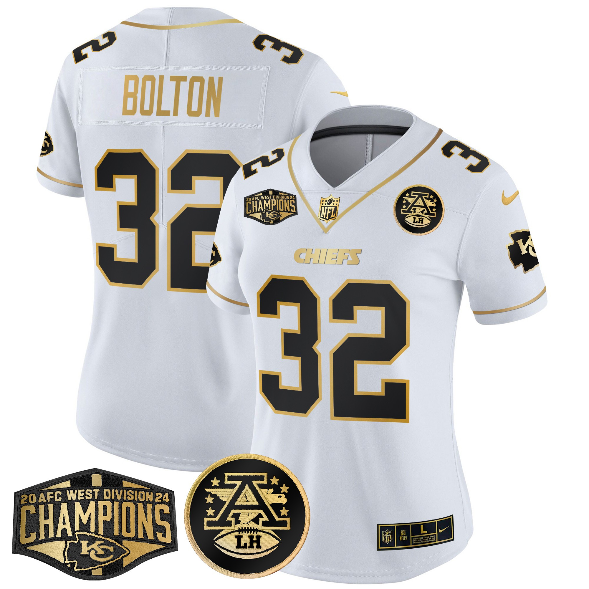 Nick Bolton Women's Kansas City Chiefs 2024 AFC West Division Champions Patch Gold Vapor Limited White Gold Jersey - All Stitched