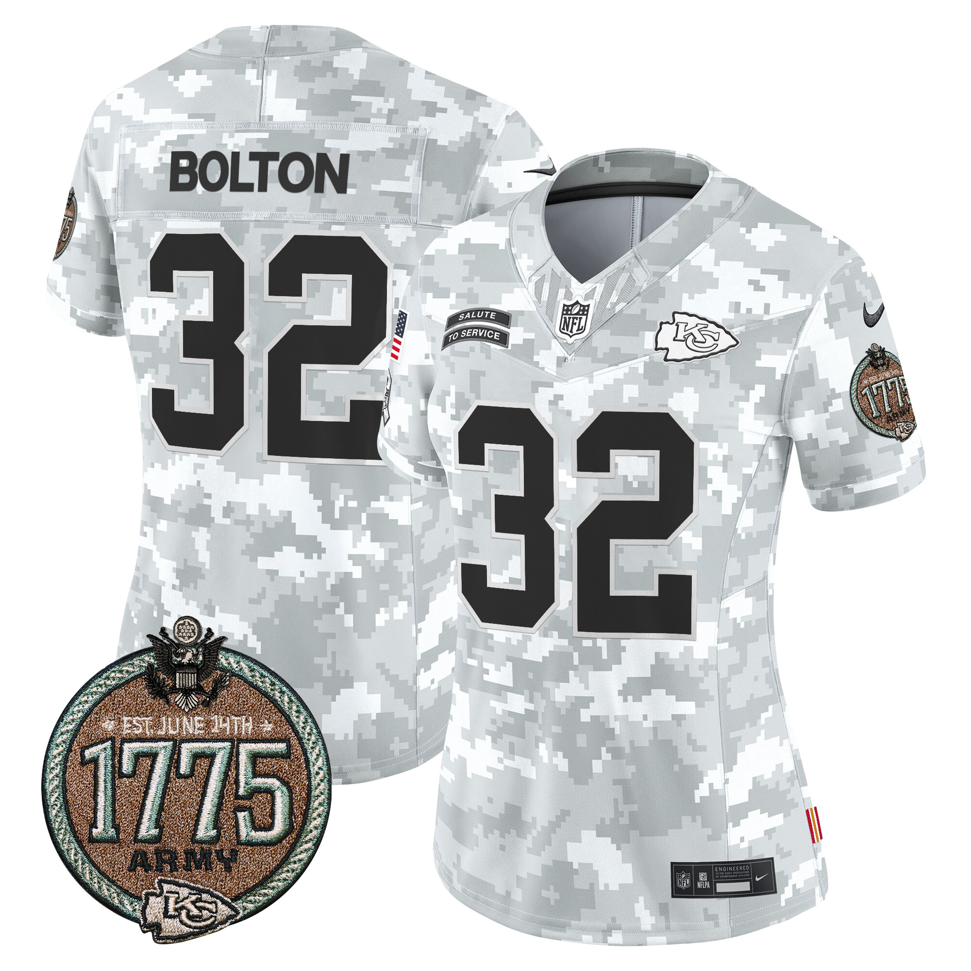 Nick Bolton Women's Kansas City Chiefs 2024 Salute to Service Establishment Year Patch Vapor Limited Army Jersey - All Stitched