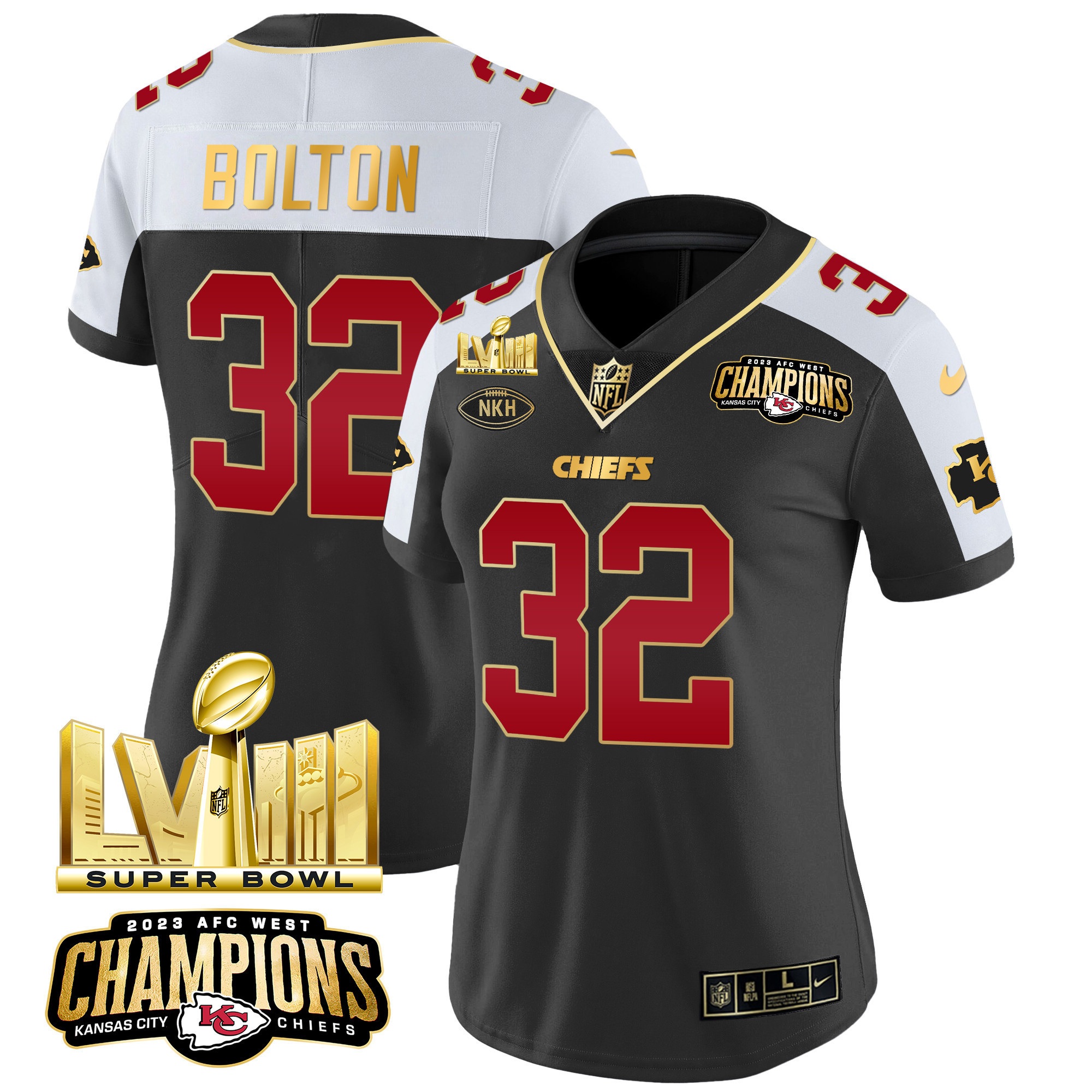 Nick Bolton Women's Kansas City Chiefs AFC West Champions & Super Bowl LVIII Gold Patch Vapor Black Alternate Jersey - All Stitched