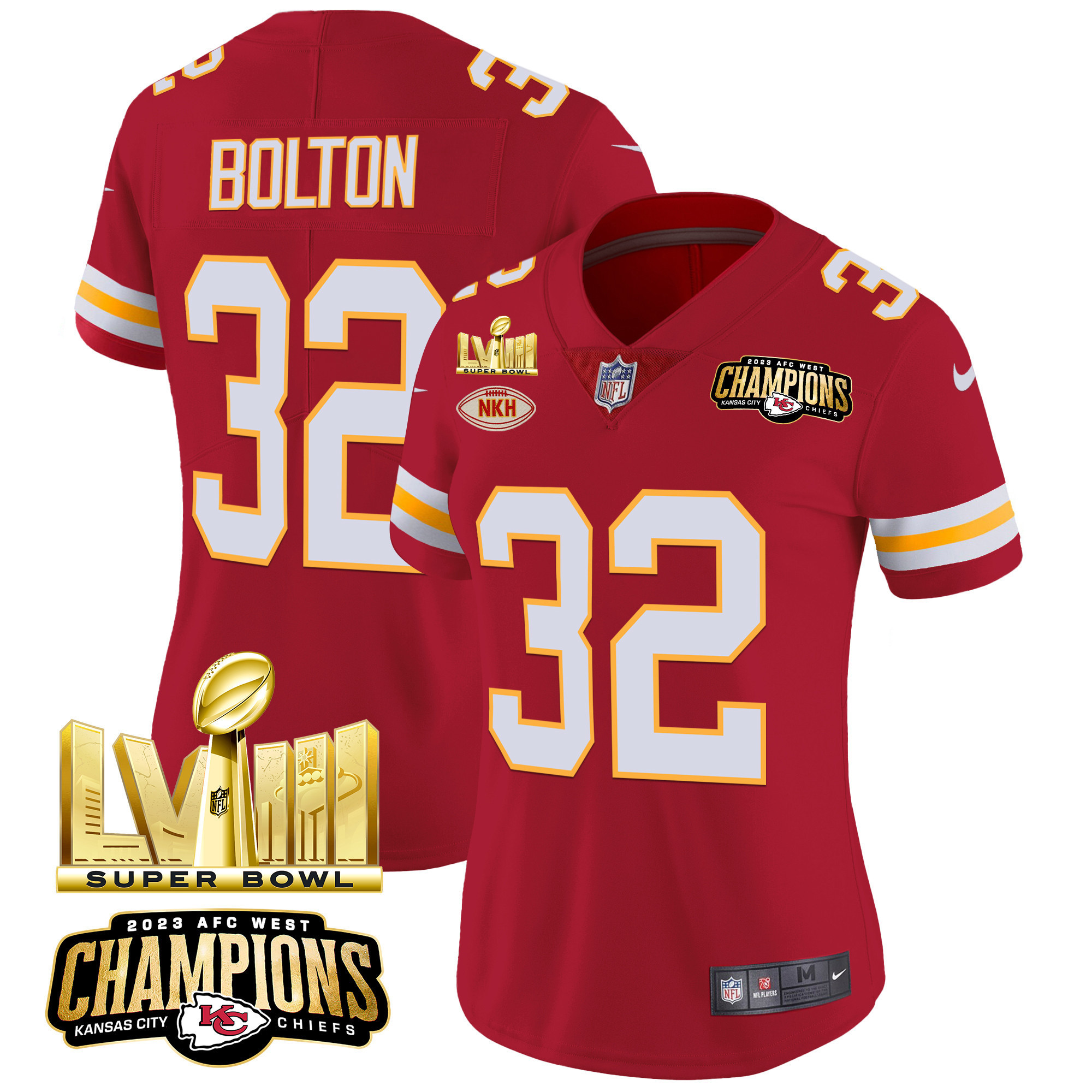 Nick Bolton Women's Kansas City Chiefs AFC West Champions & Super Bowl LVIII Gold Patch Vapor Red Jersey - All Stitched