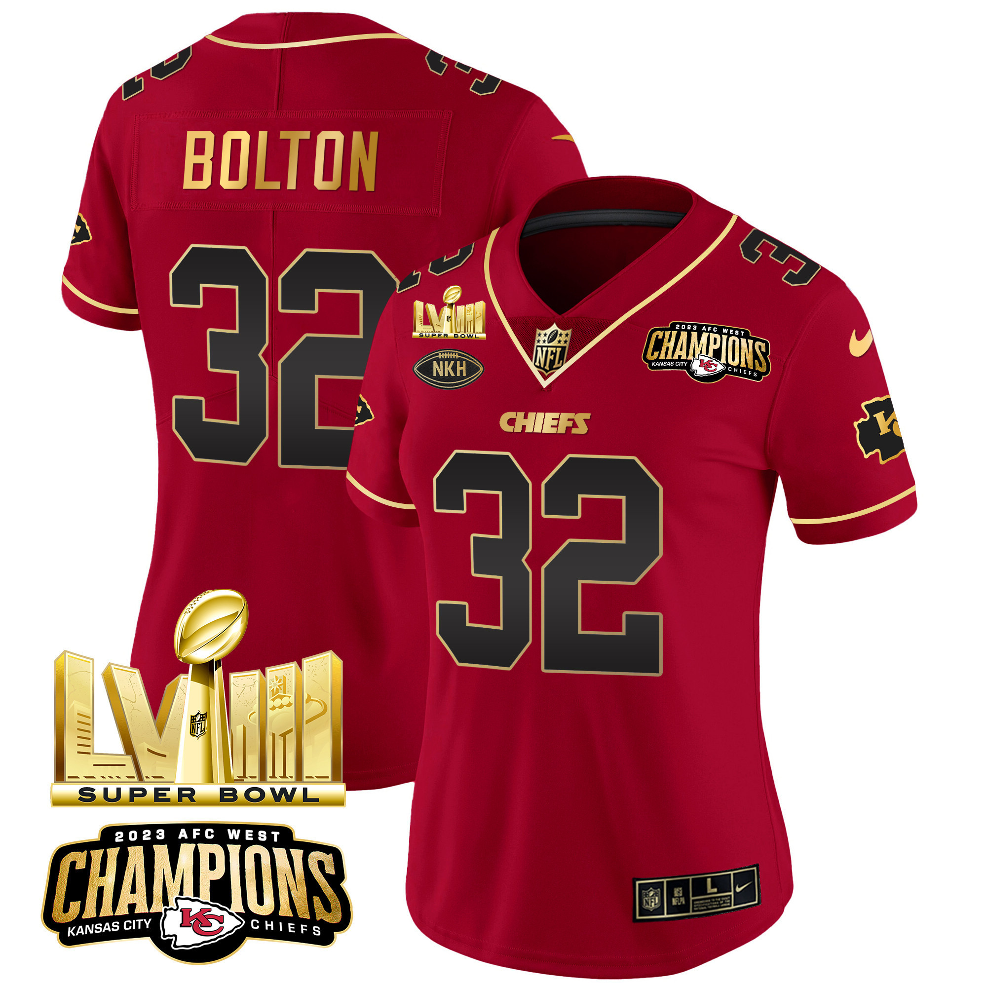 Nick Bolton Women's Kansas City Chiefs AFC West Champions & Super Bowl LVIII Gold Patch Vapor Red Special Jersey - All Stitched