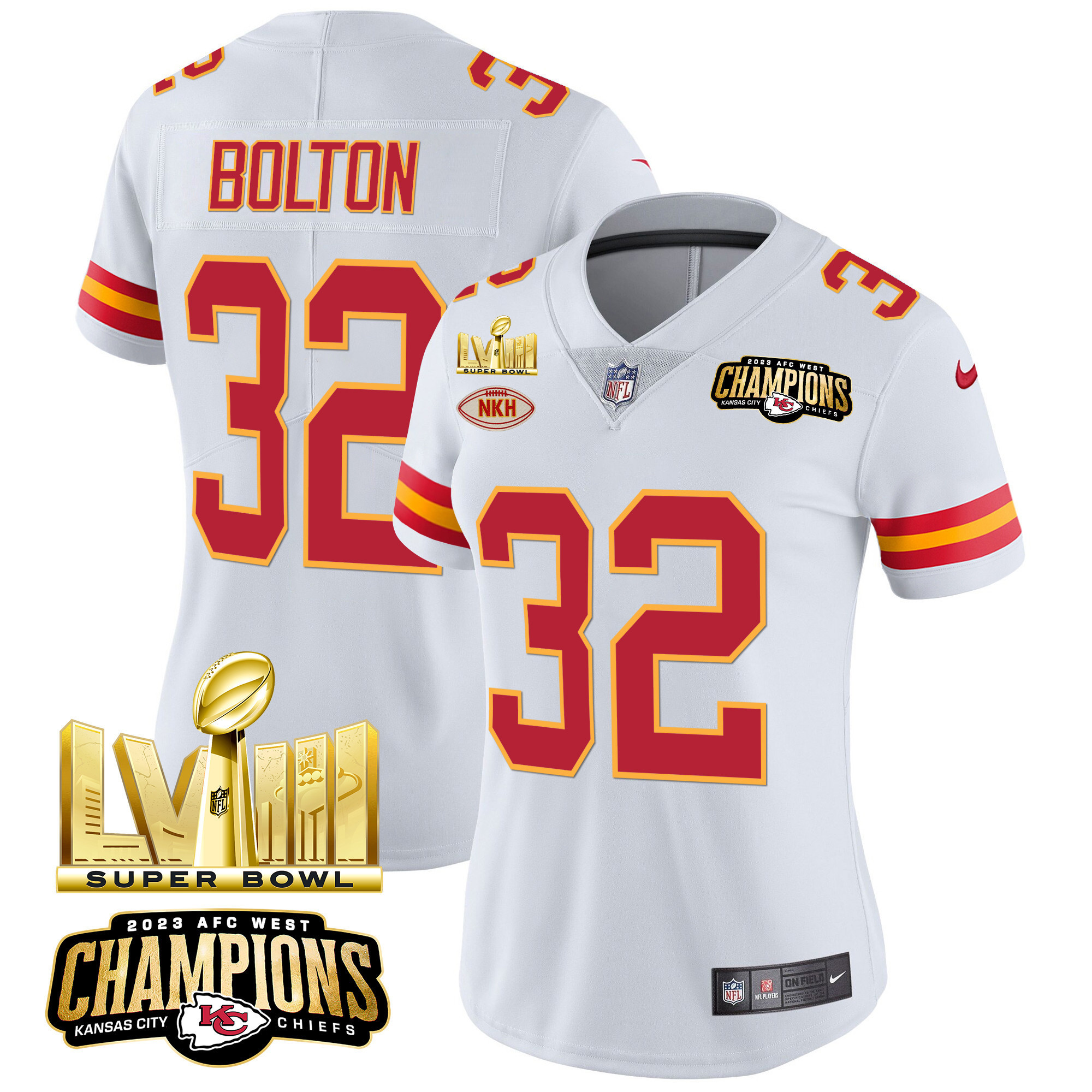 Nick Bolton Women's Kansas City Chiefs AFC West Champions & Super Bowl LVIII Gold Patch Vapor White Jersey - All Stitched