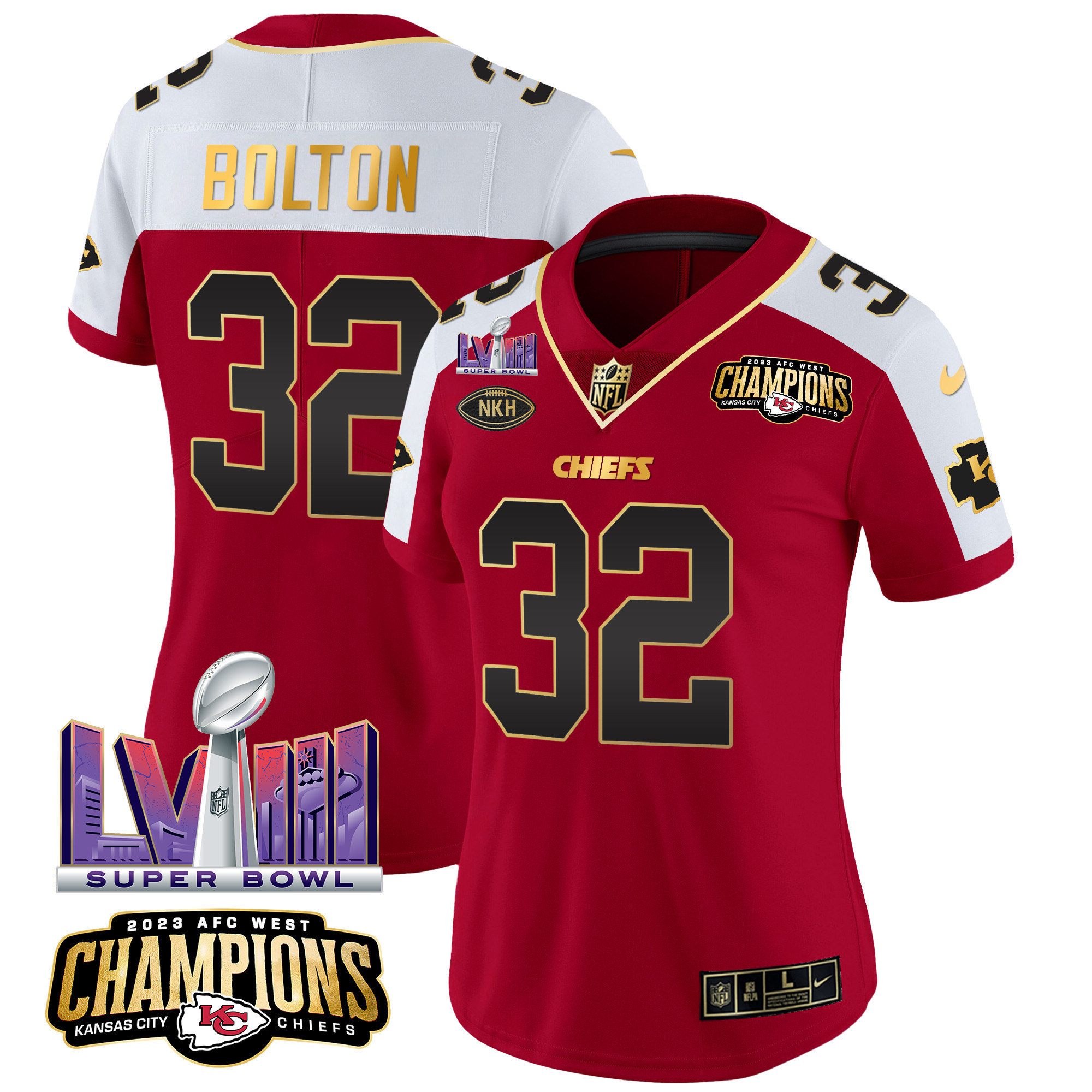 Nick Bolton Women's Kansas City Chiefs AFC West Champions & Super Bowl LVIII Patch Vapor Red Alternate Jersey - All Stitched