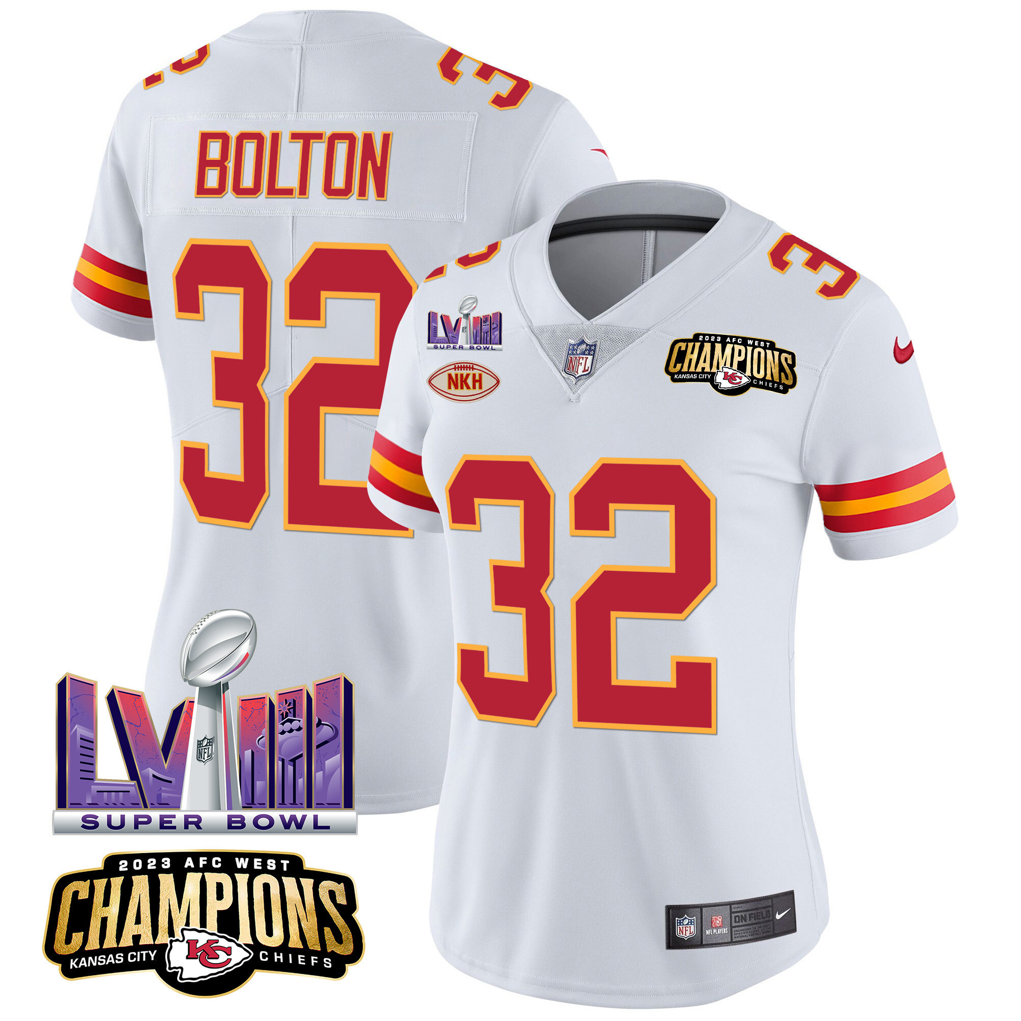 Nick Bolton Women's Kansas City Chiefs AFC West Champions & Super Bowl LVIII Patch Vapor White Jersey - All Stitched