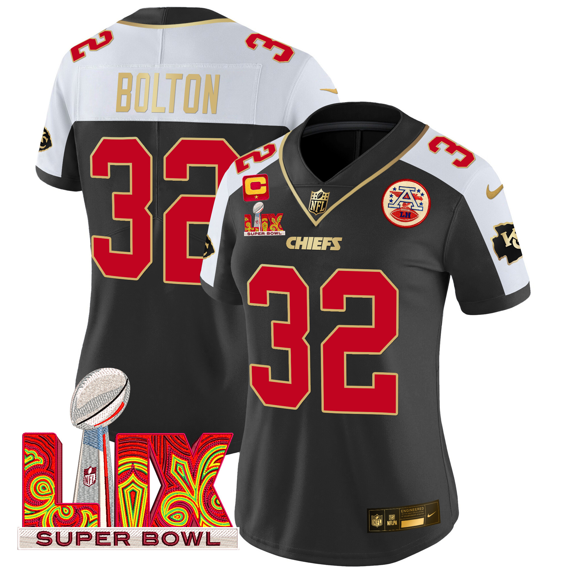 Nick Bolton Women's Kansas City Chiefs Super Bowl LIX Patch Gold Trim Vapor Limited Black Alternate Jersey - All Stitched